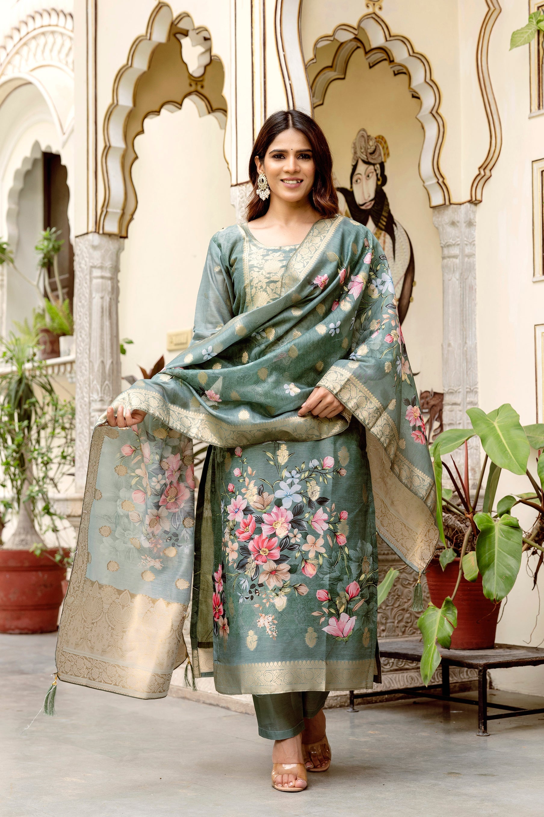 Sonakshi Women's Grey Chanderi Cotton Printed Kurta Set with Dupatta | Grocsy