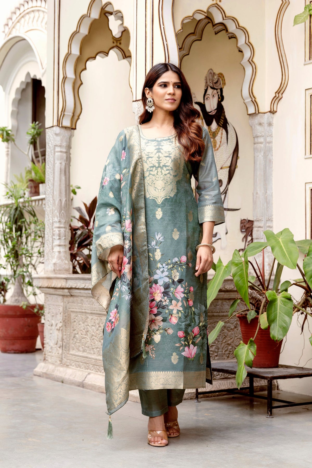Sonakshi Women's Grey Chanderi Cotton Printed Kurta Set with Dupatta | Grocsy