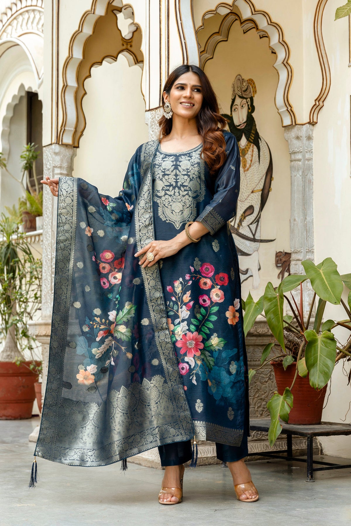 Sonakshi Women's Navy Blue Chanderi Cotton Printed Kurta Set with Dupatta | Grocsy