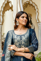 Sonakshi Women's Navy Blue Chanderi Cotton Printed Kurta Set with Dupatta | Grocsy