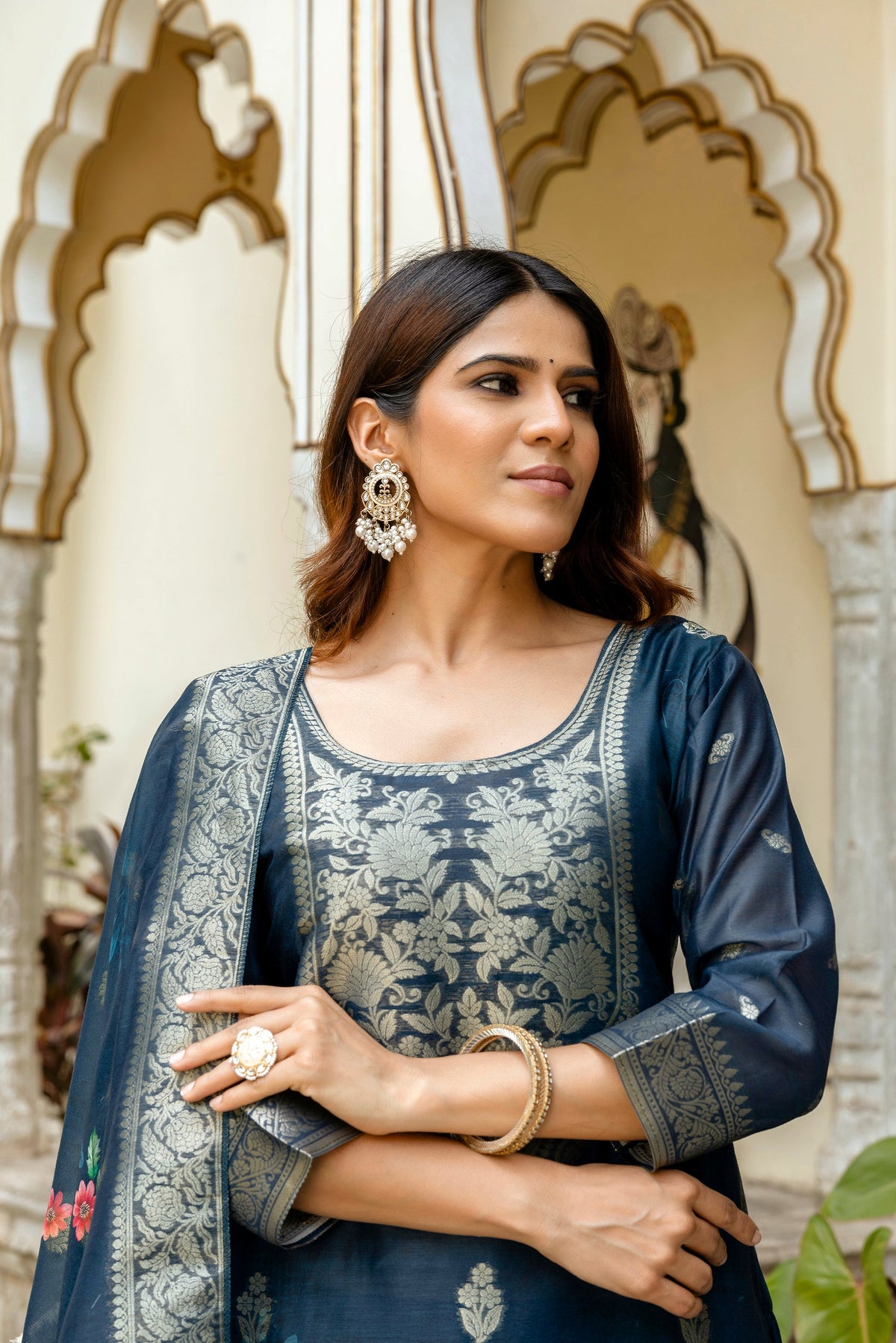 Sonakshi Women's Navy Blue Chanderi Cotton Printed Kurta Set with Dupatta | Grocsy