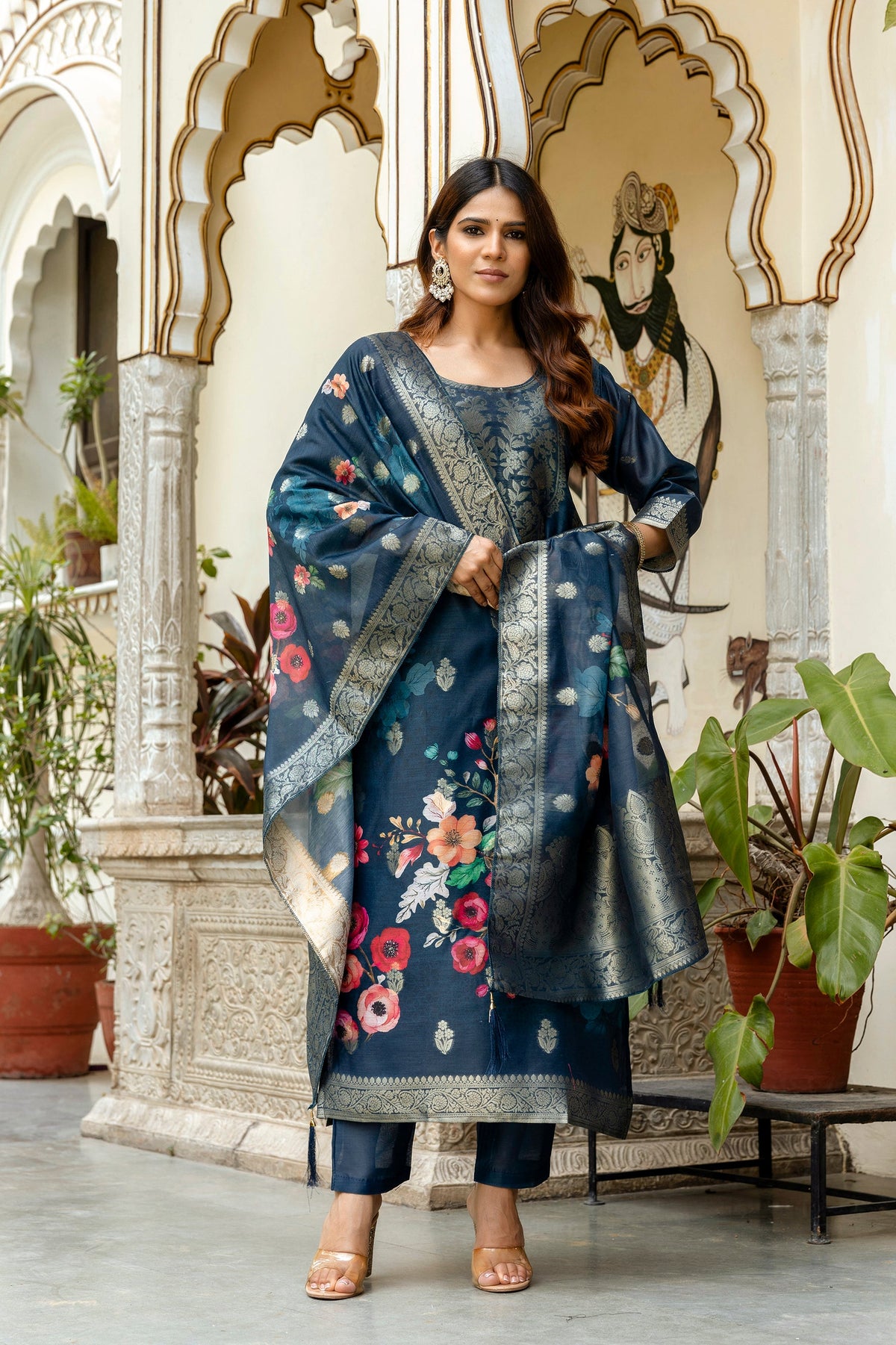Sonakshi Women's Navy Blue Chanderi Cotton Printed Kurta Set with Dupatta | Grocsy