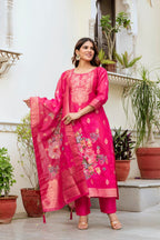 Sonakshi Women's Pink Chanderi Cotton Printed Kurta Set with Dupatta | Grocsy