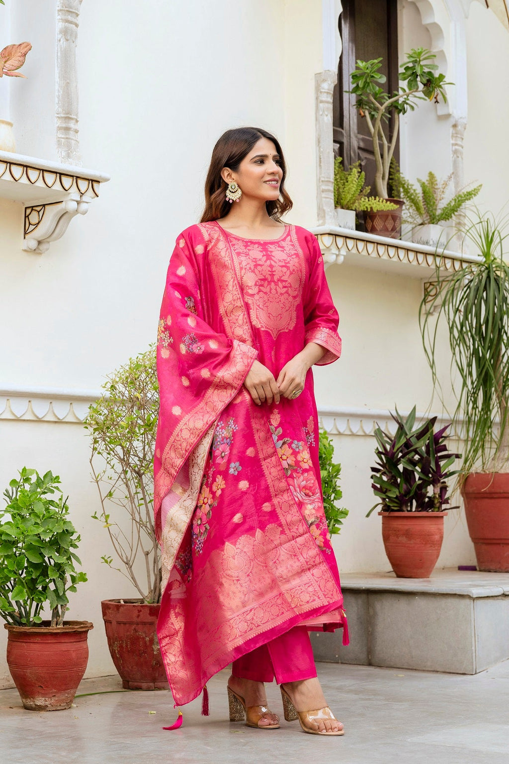 Sonakshi Women's Pink Chanderi Cotton Printed Kurta Set with Dupatta | Grocsy