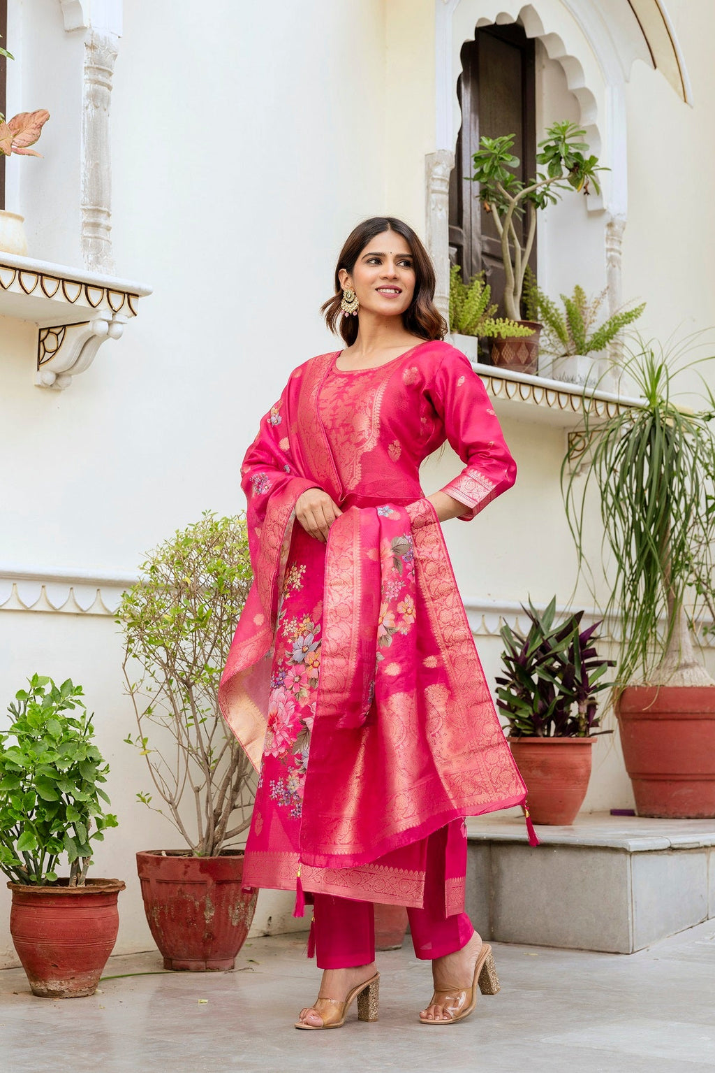 Sonakshi Women's Pink Chanderi Cotton Printed Kurta Set with Dupatta | Grocsy