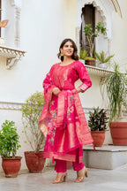 Sonakshi Women's Pink Chanderi Cotton Printed Kurta Set with Dupatta | Grocsy