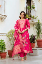 Sonakshi Women's Pink Chanderi Cotton Printed Kurta Set with Dupatta | Grocsy