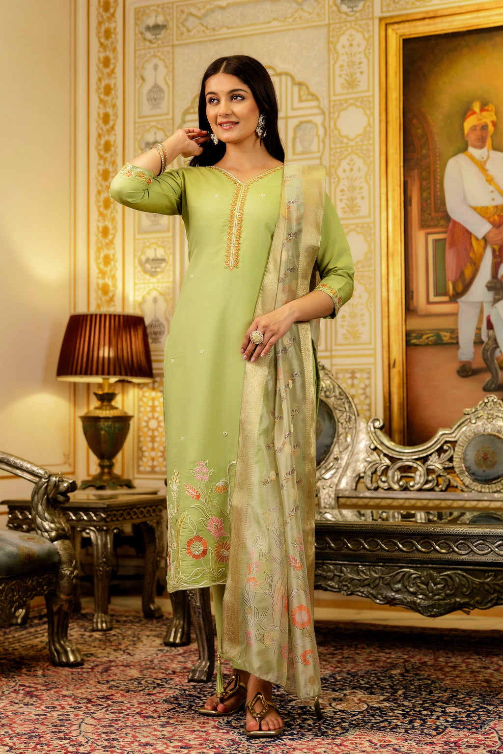 Sonakshi Women's Pista Viscose Shimmer Embroidered Kurta Set with Dupatta | Grocsy