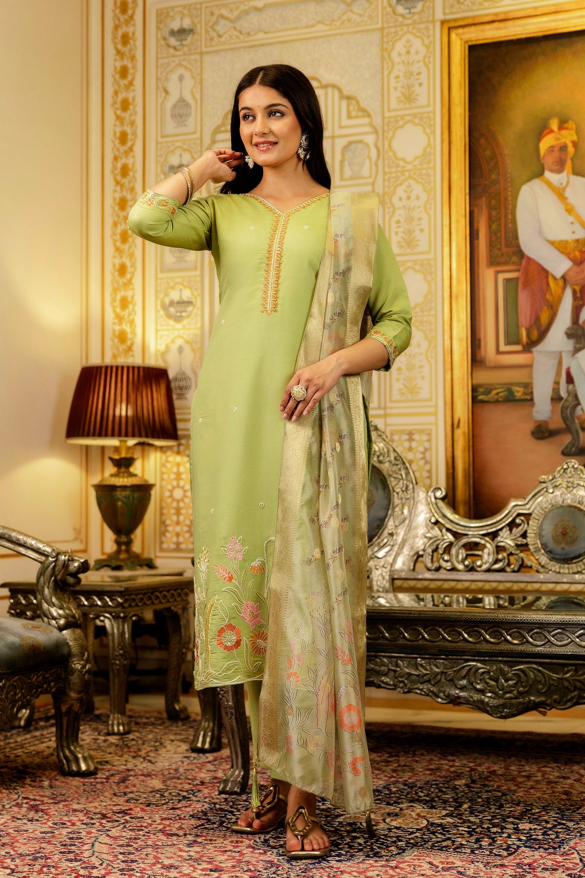 Sonakshi Women's Pista Viscose Shimmer Embroidered Kurta Set with Dupatta | Grocsy