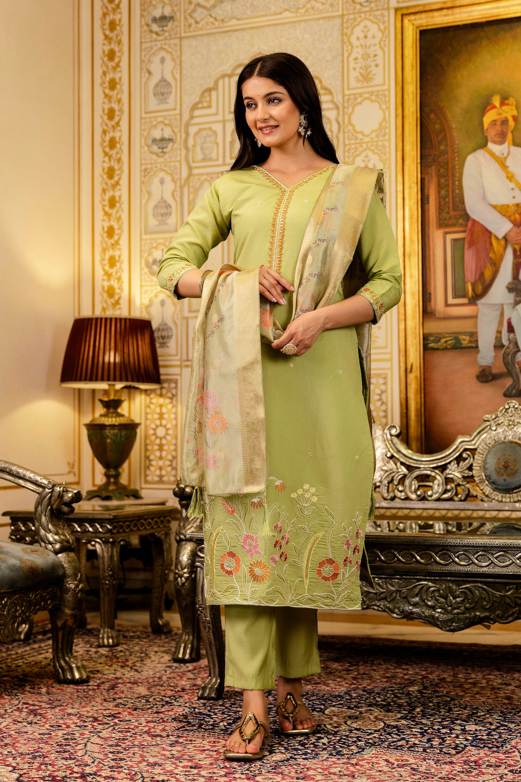 Sonakshi Women's Pista Viscose Shimmer Embroidered Kurta Set with Dupatta | Grocsy
