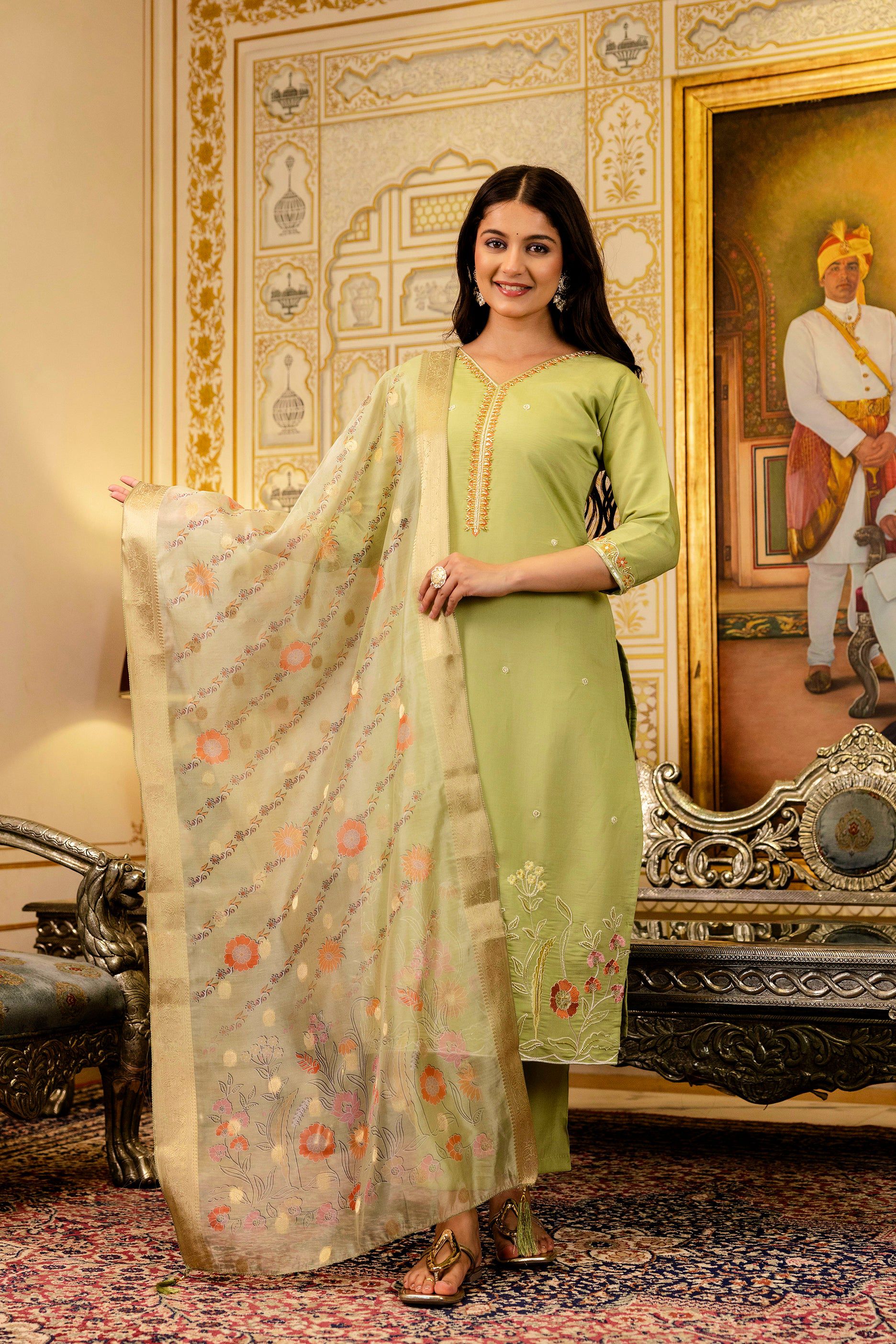 Sonakshi Women's Pista Viscose Shimmer Embroidered Kurta Set with Dupatta | Grocsy