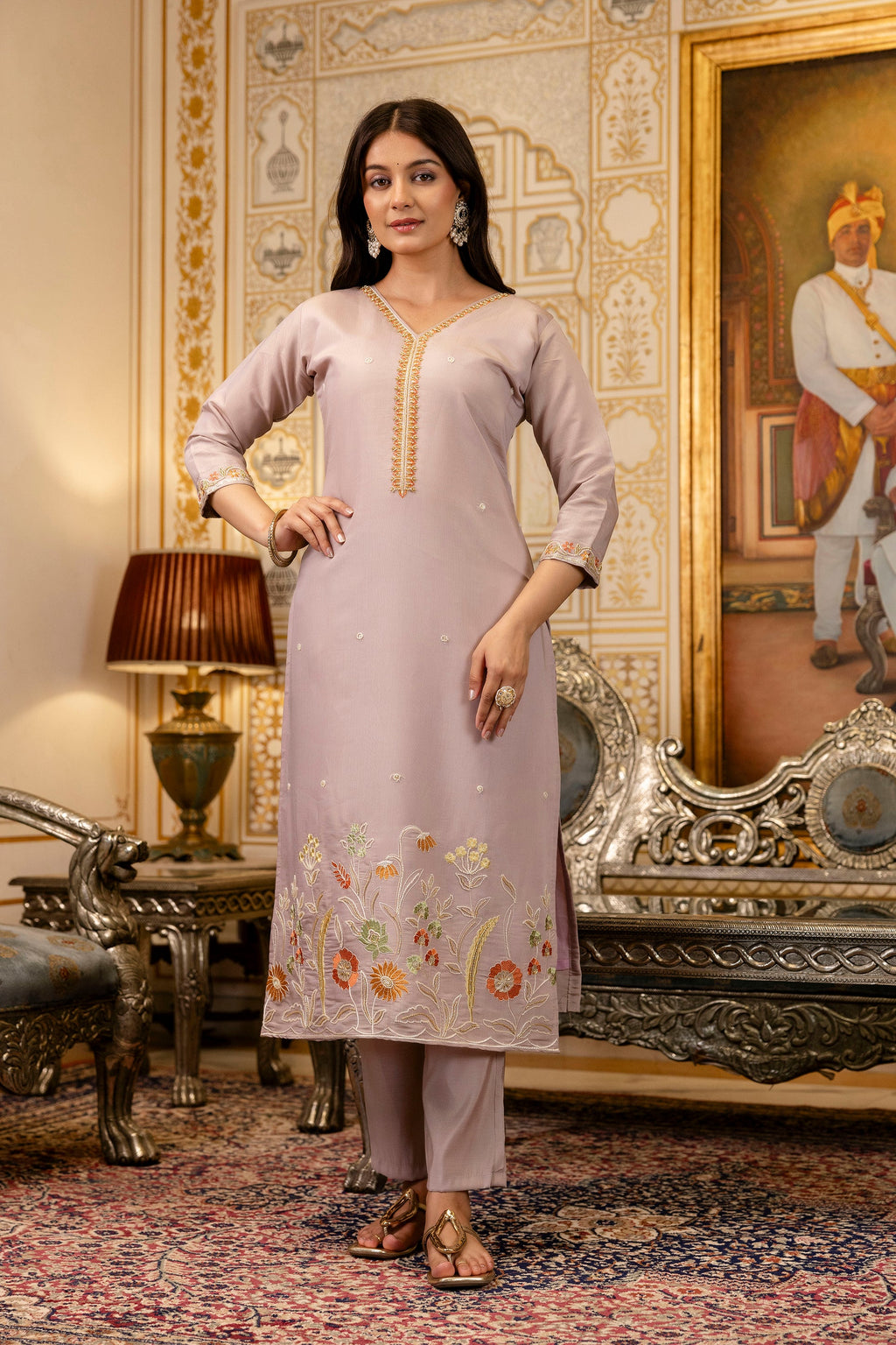 Sonakshi Women's Lavender Viscose Shimmer Embroidered Kurta Set with Dupatta | Grocsy