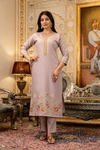 Sonakshi Women's Lavender Viscose Shimmer Embroidered Kurta Set with Dupatta | Grocsy