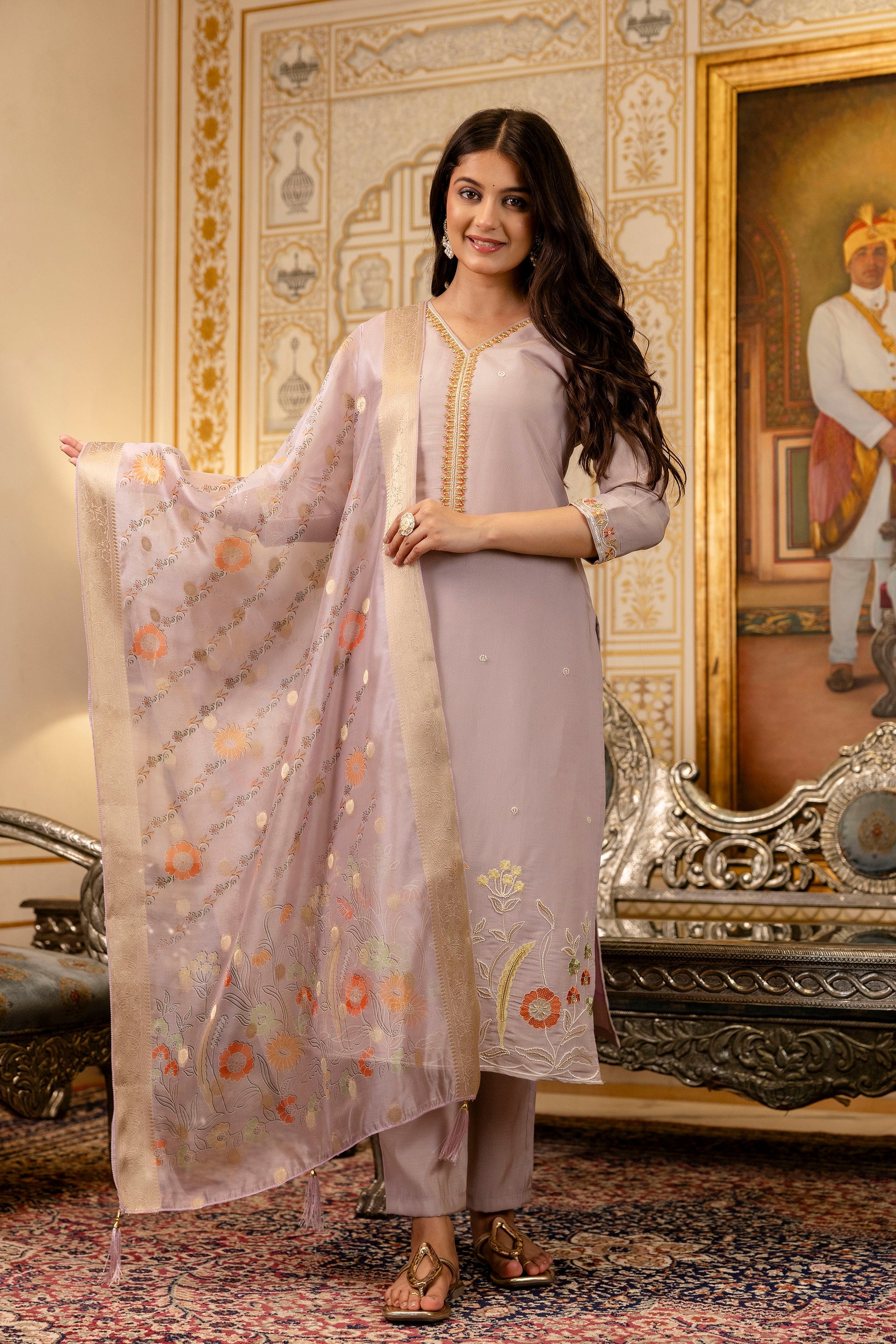 Sonakshi Women's Lavender Viscose Shimmer Embroidered Kurta Set with Dupatta | Grocsy