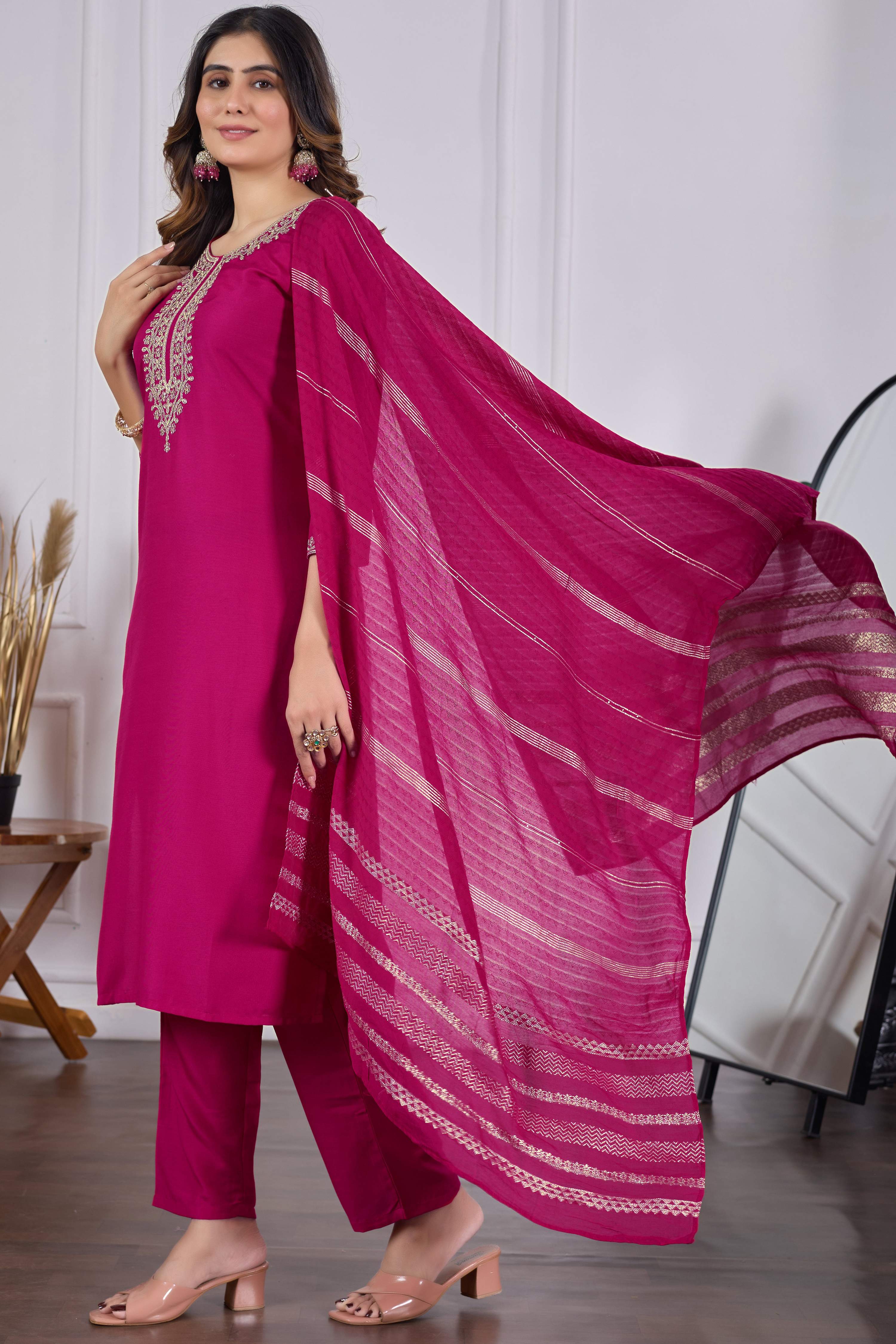 Sonakshi Women's Rani Pink Rayon Slub Embroidered Kurta Set with Dupatta | Grocsy