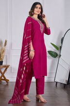 Sonakshi Women's Rani Pink Rayon Slub Embroidered Kurta Set with Dupatta | Grocsy