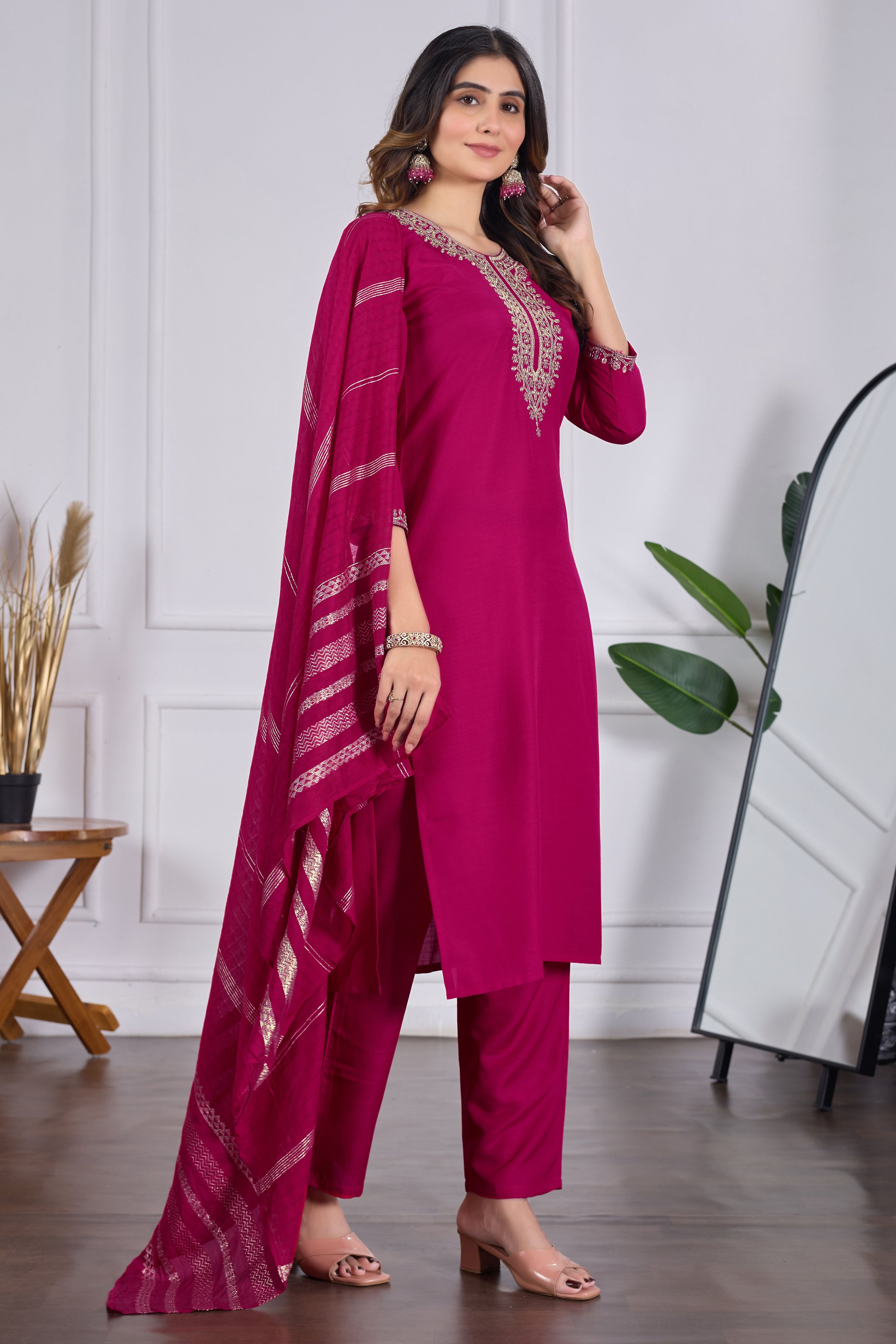 Sonakshi Women's Rani Pink Rayon Slub Embroidered Kurta Set with Dupatta | Grocsy