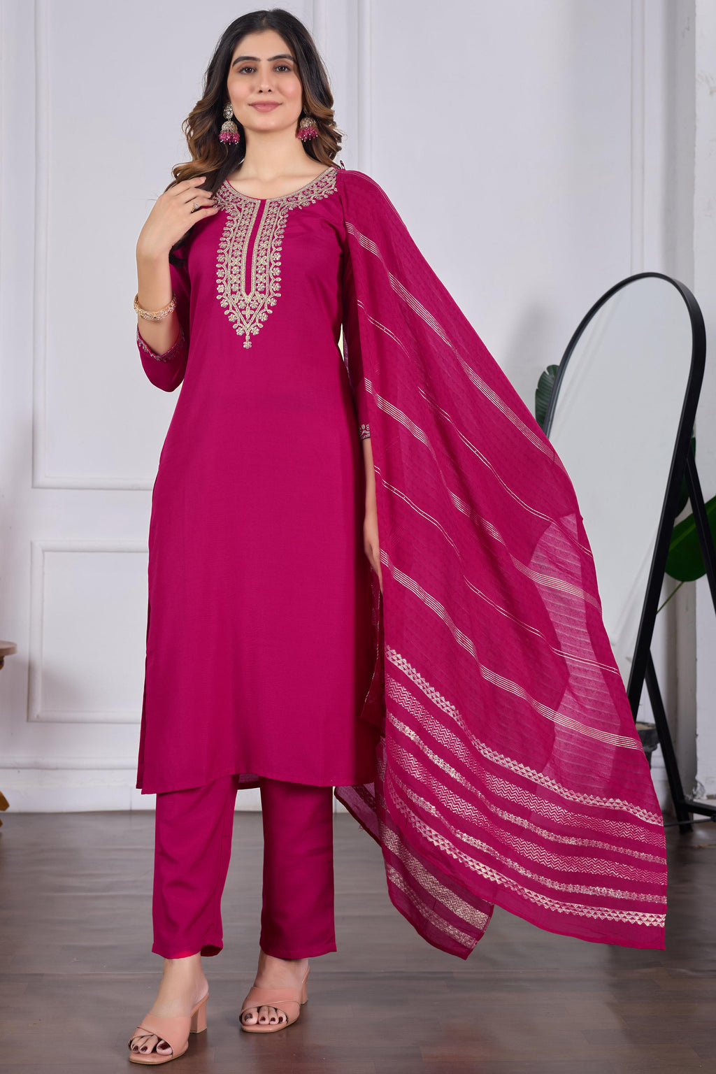 Sonakshi Women's Rani Pink Rayon Slub Embroidered Kurta Set with Dupatta | Grocsy