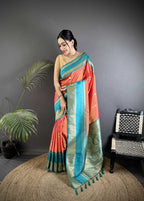 Sonakshi Women'S Peach Premium Soft Silk Zari Woven Traditional Saree With Blouse | Grocsy