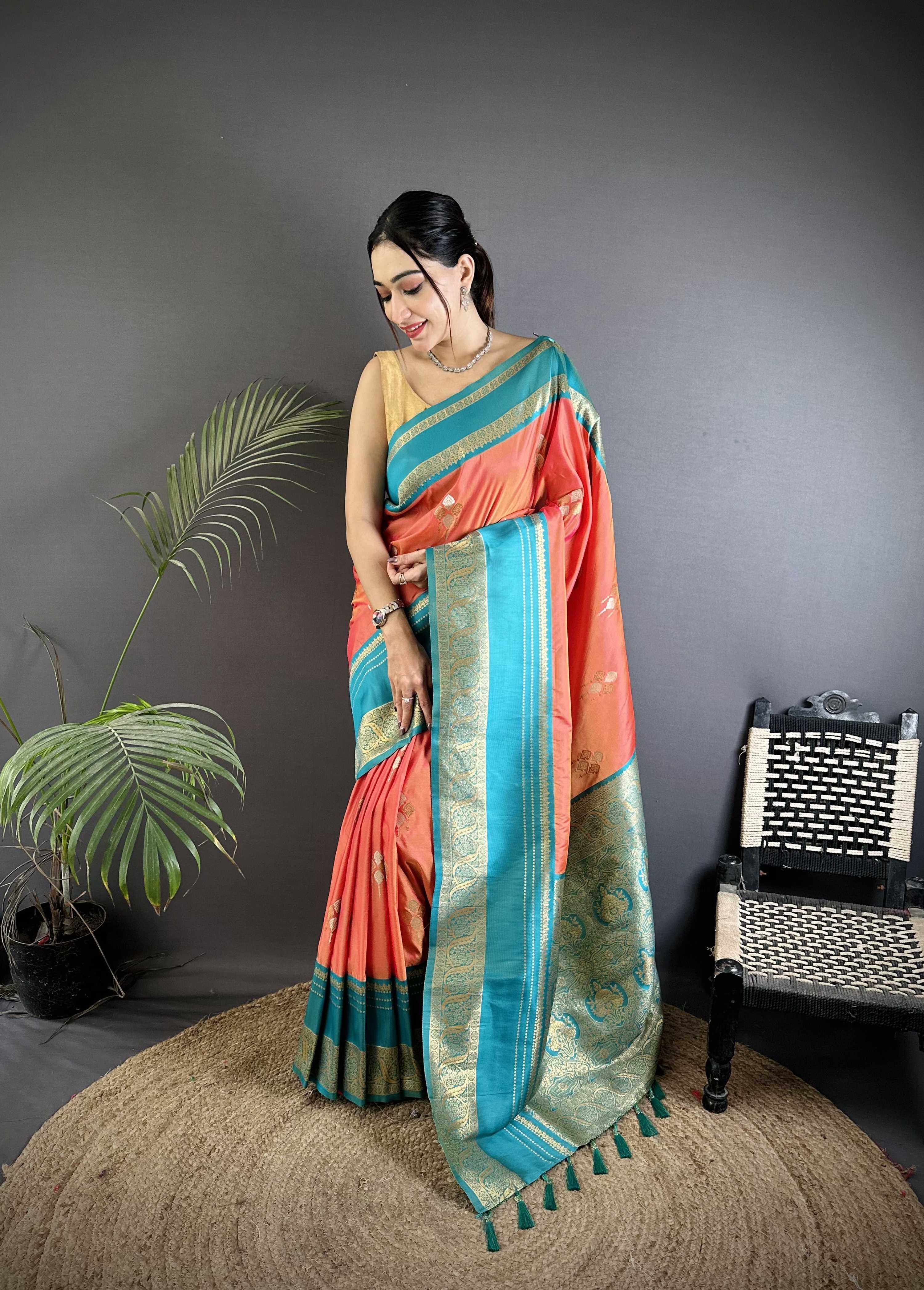 Sonakshi Women'S Peach Premium Soft Silk Zari Woven Traditional Saree With Blouse | Grocsy