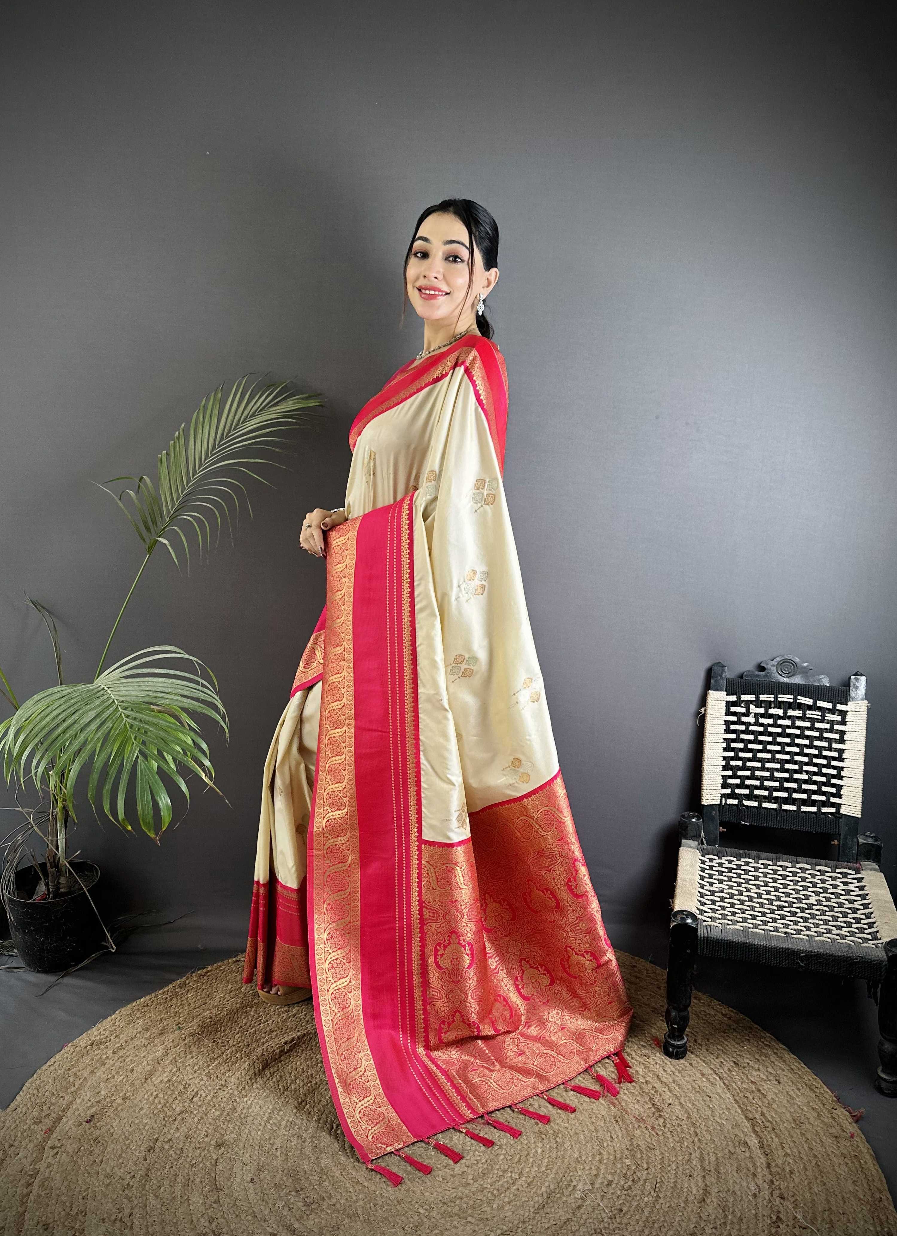Sonakshi Women'S Offwhite Premium Soft Silk Zari Woven Traditional Saree With Blouse | Grocsy