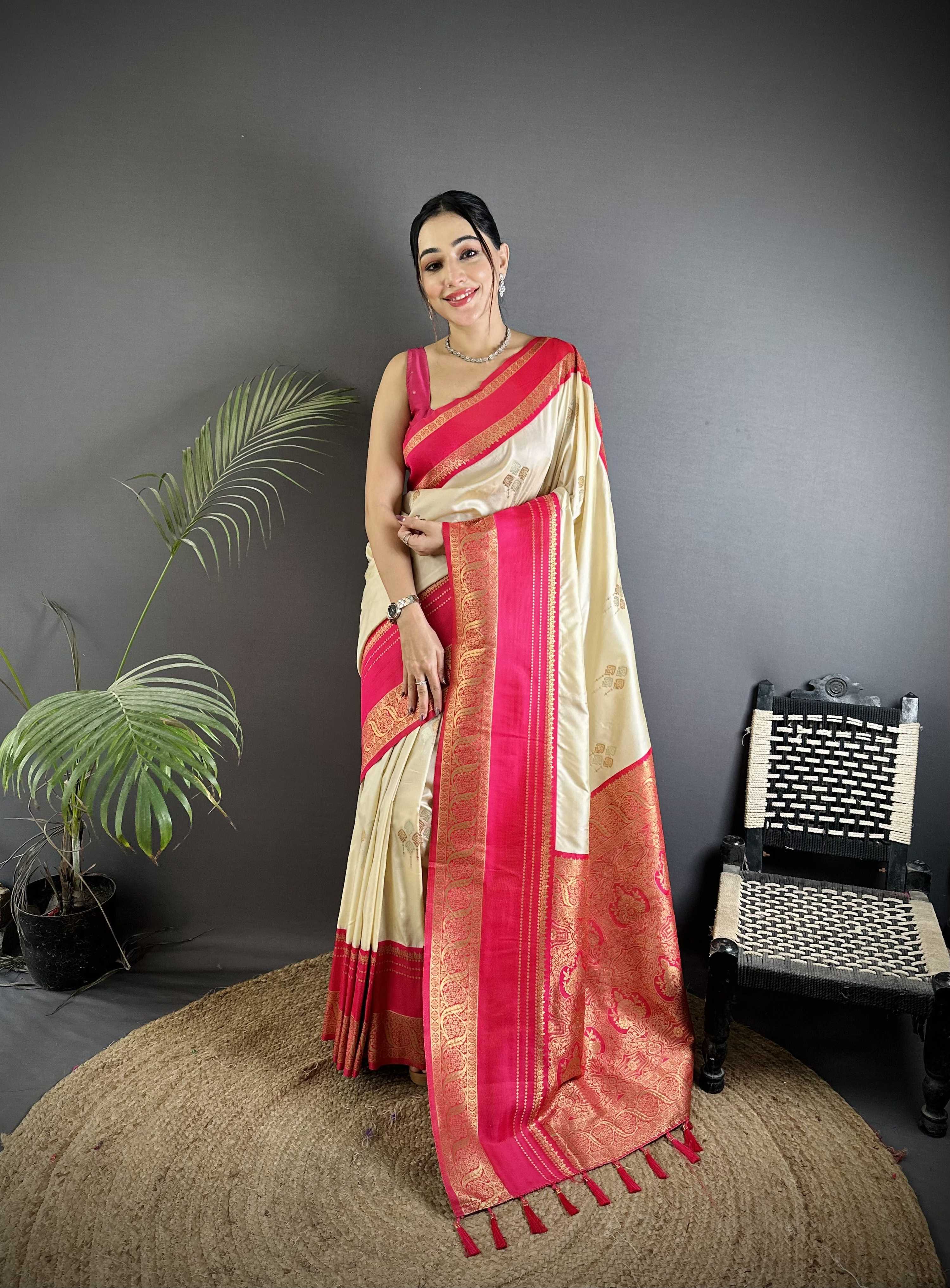 Sonakshi Women'S Offwhite Premium Soft Silk Zari Woven Traditional Saree With Blouse | Grocsy