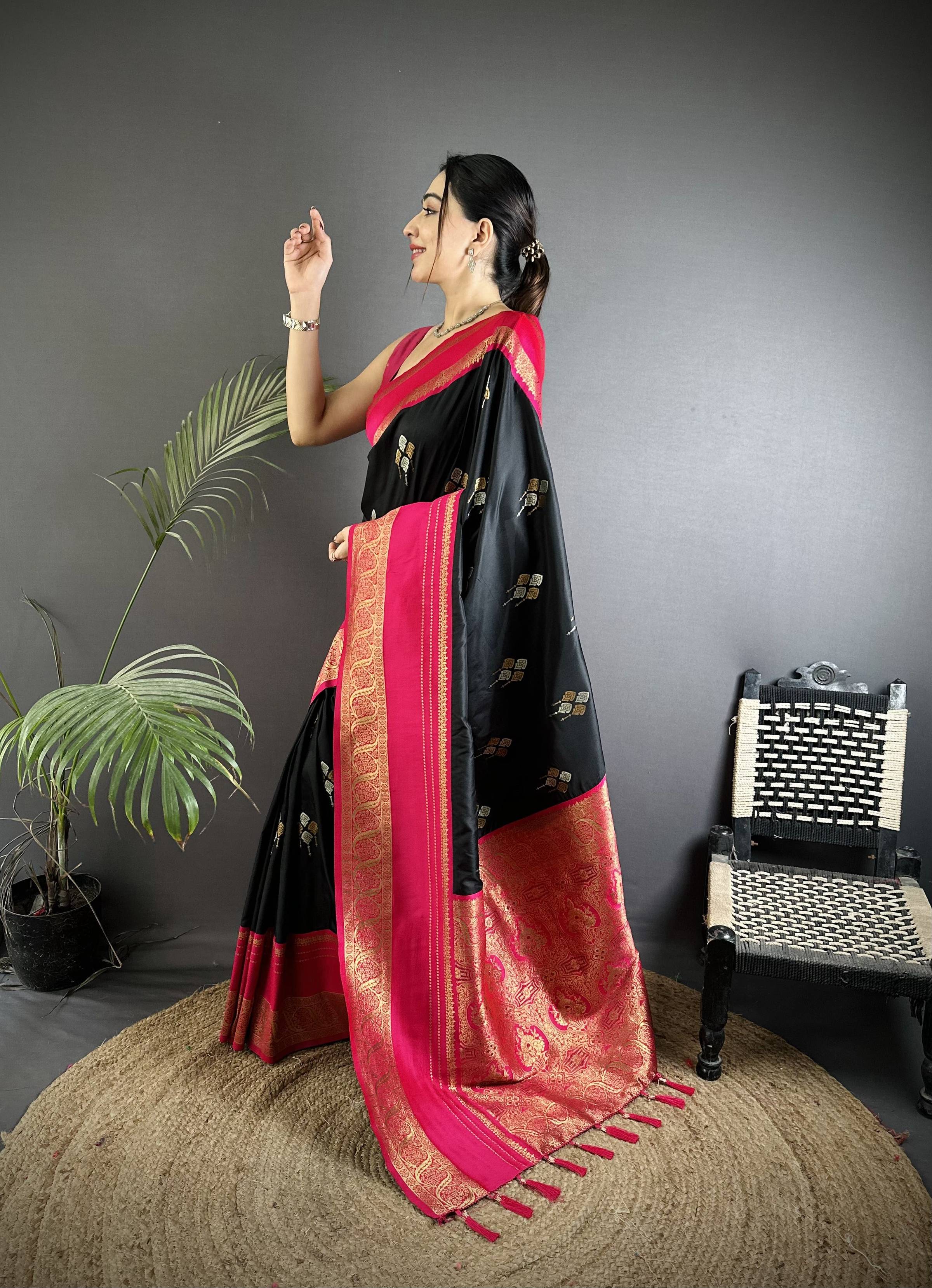 Sonakshi Women'S Black Premium Soft Silk Zari Woven Traditional Saree With Blouse | Grocsy
