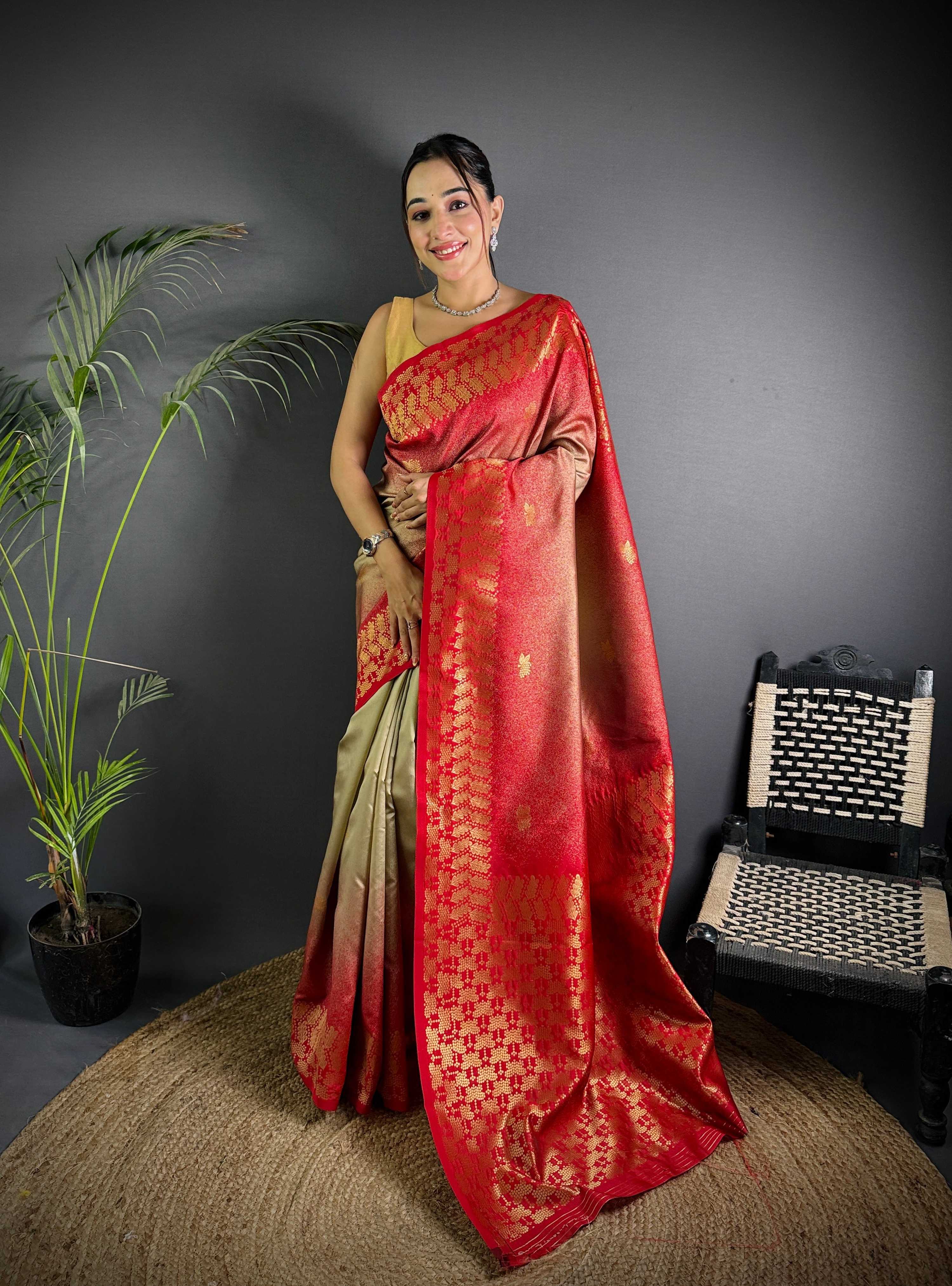 Sonakshi Women'S Biscuit Ikkat Silk Zari Woven Traditional Saree With Blouse | Grocsy