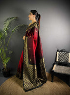 Sonakshi Women'S Red Ikkat Silk Zari Woven Traditional Saree With Blouse | Grocsy
