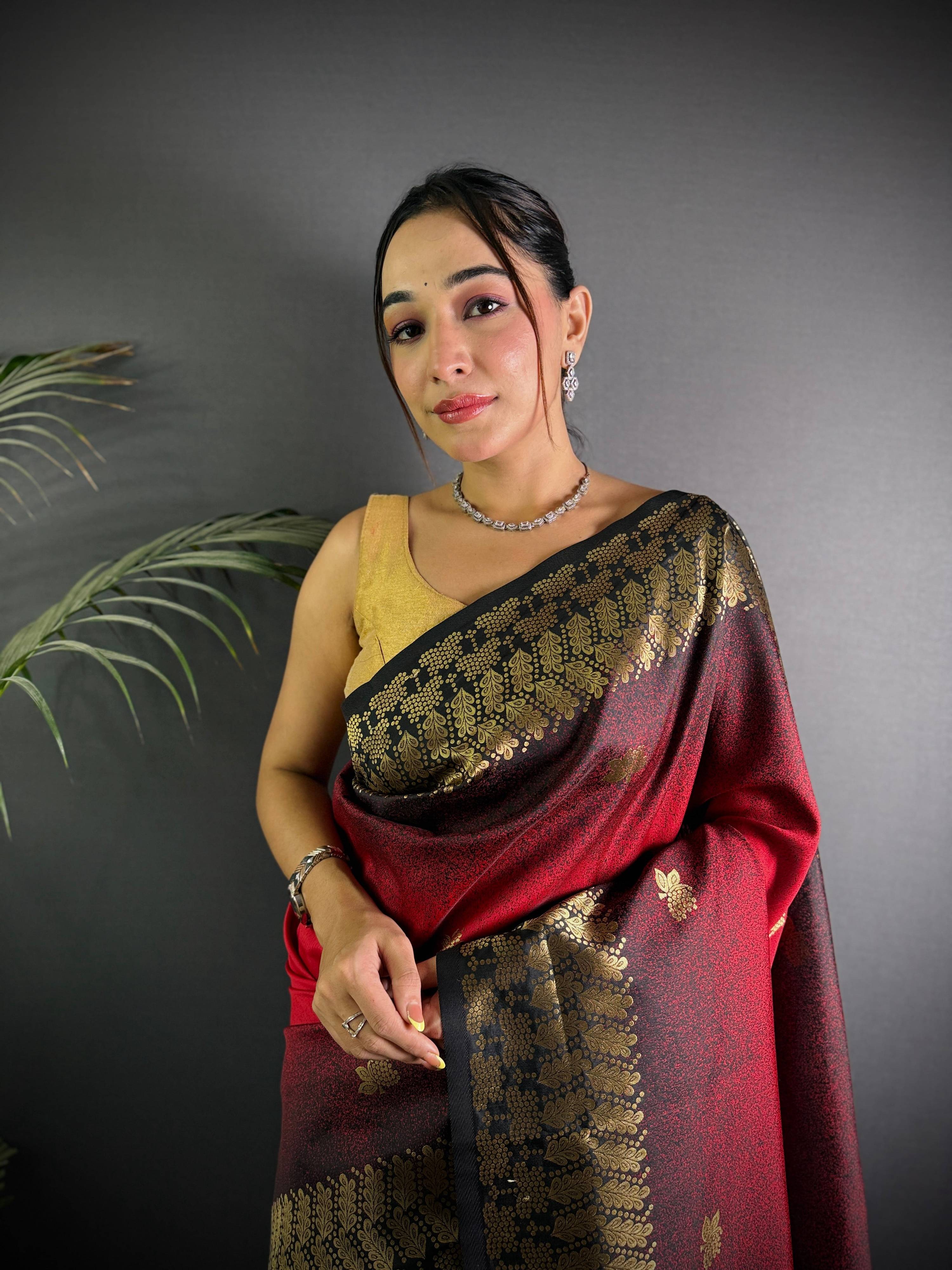 Sonakshi Women'S Red Ikkat Silk Zari Woven Traditional Saree With Blouse | Grocsy
