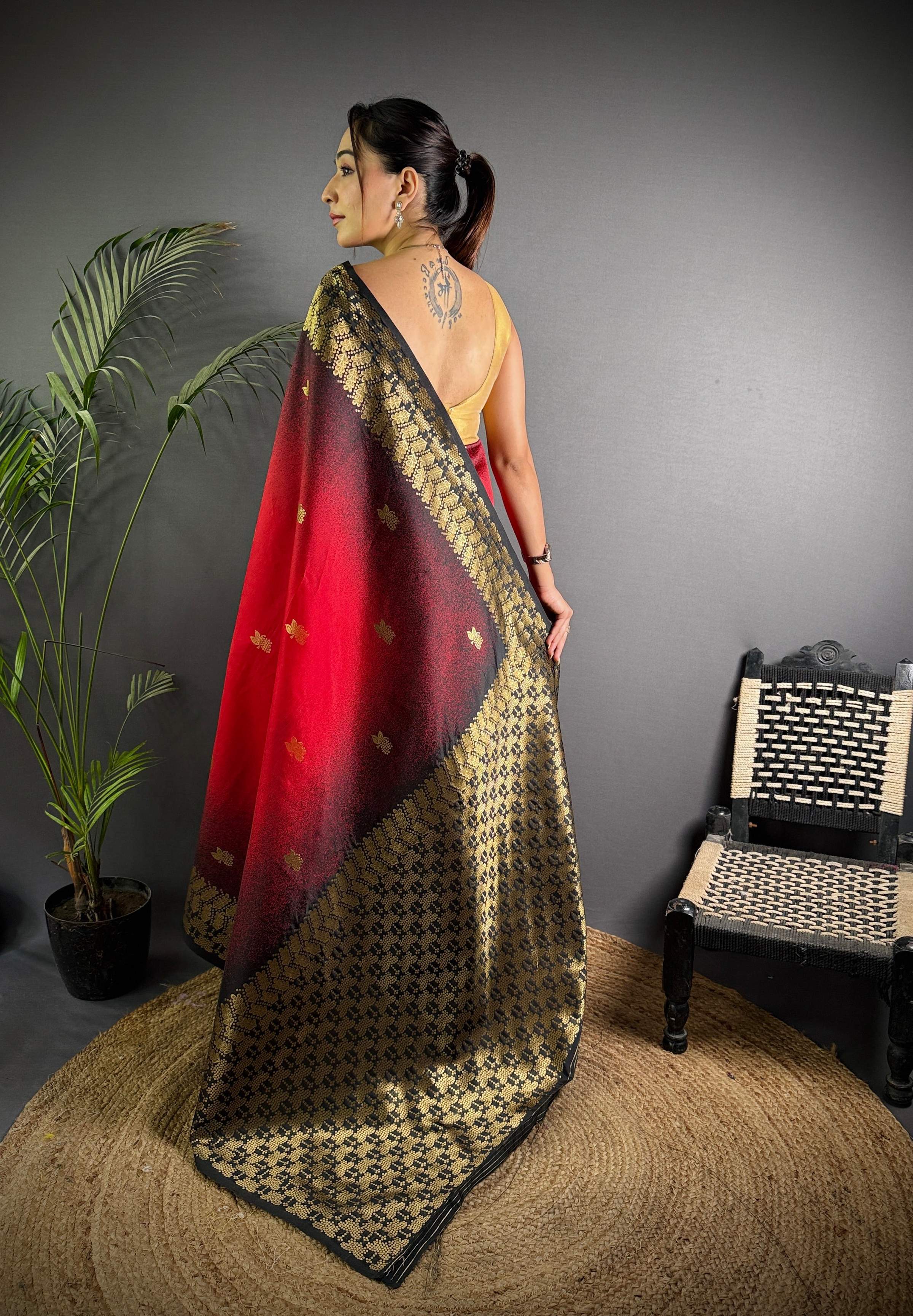 Sonakshi Women'S Red Ikkat Silk Zari Woven Traditional Saree With Blouse | Grocsy