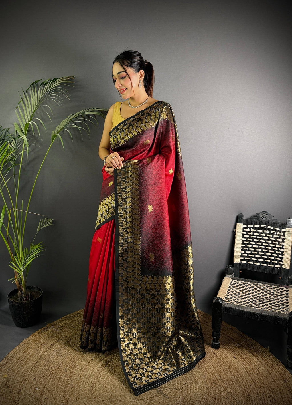 Sonakshi Women'S Red Ikkat Silk Zari Woven Traditional Saree With Blouse | Grocsy