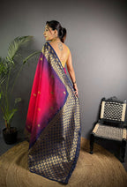 Sonakshi Women'S Pink Ikkat Silk Zari Woven Traditional Saree With Blouse | Grocsy