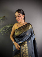 Sonakshi Women'S Grey Ikkat Silk Zari Woven Traditional Saree With Blouse | Grocsy
