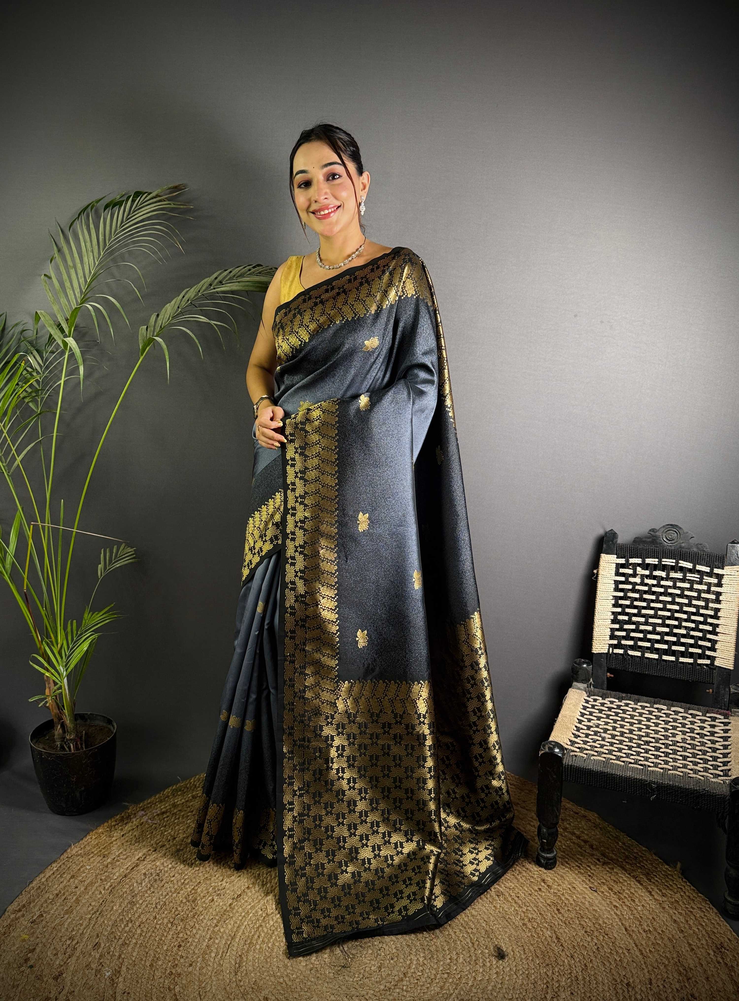 Sonakshi Women'S Grey Ikkat Silk Zari Woven Traditional Saree With Blouse | Grocsy