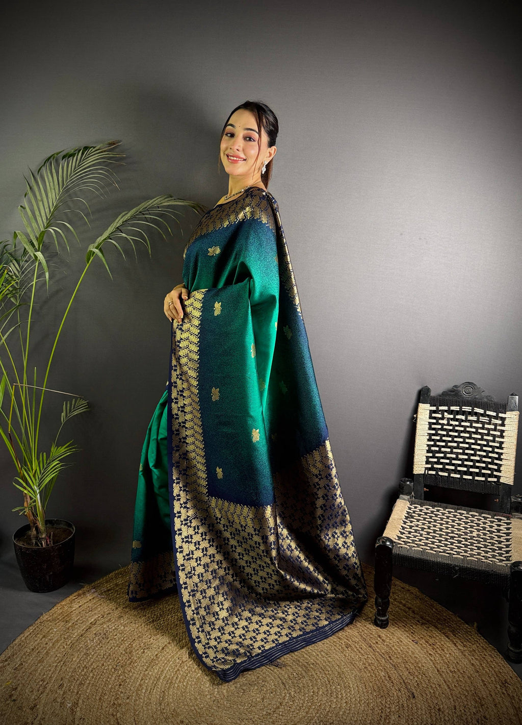 Sonakshi Women'S Teal Ikkat Silk Zari Woven Traditional Saree With Blouse | Grocsy