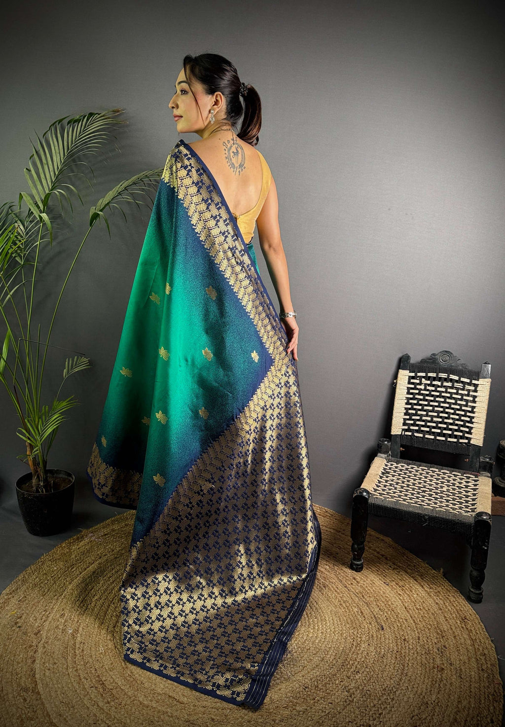 Sonakshi Women'S Teal Ikkat Silk Zari Woven Traditional Saree With Blouse | Grocsy
