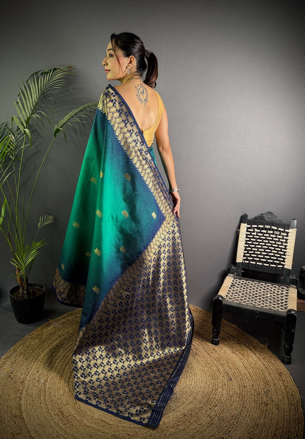 Sonakshi Women'S Teal Ikkat Silk Zari Woven Traditional Saree With Blouse | Grocsy