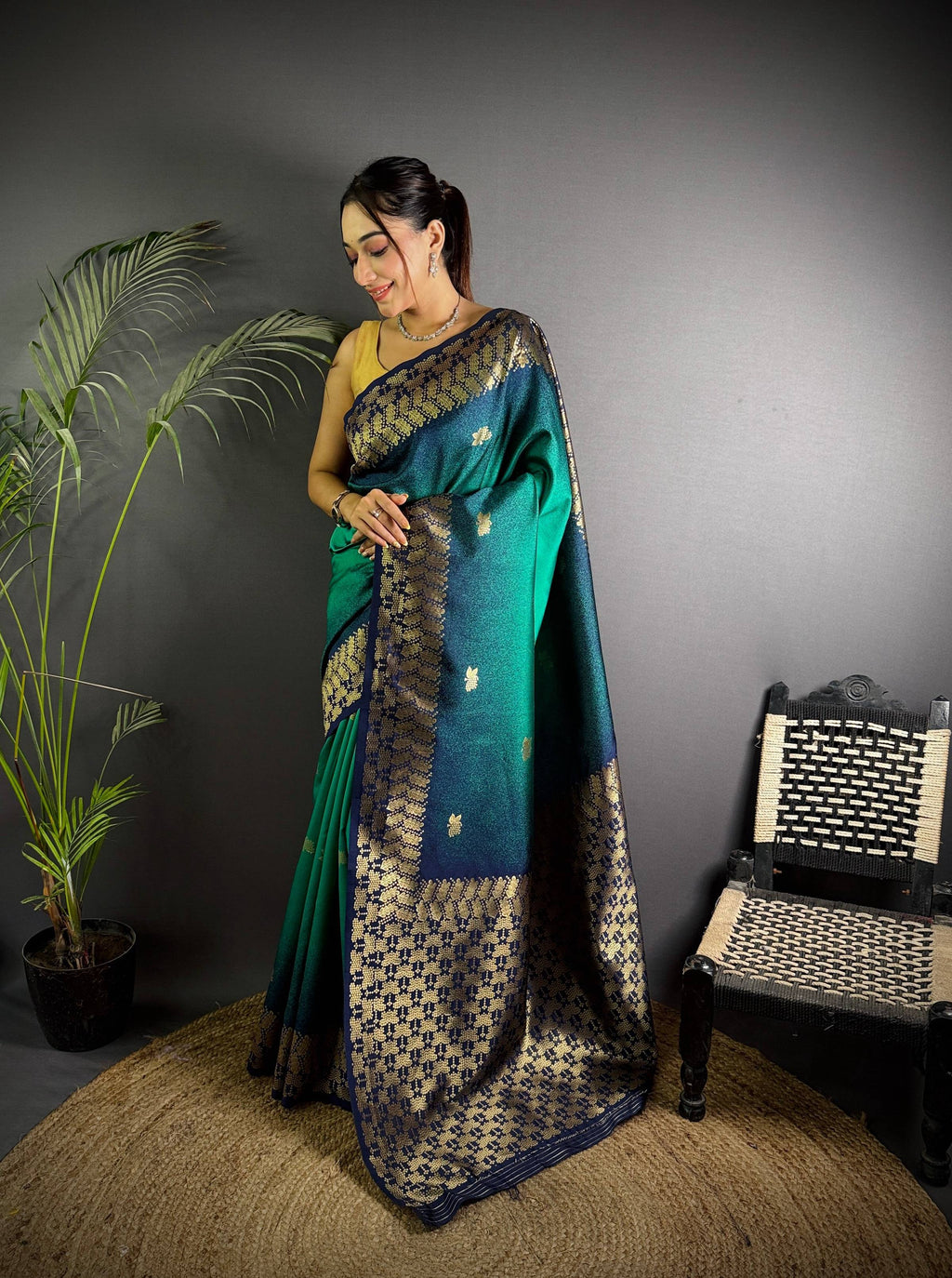 Sonakshi Women'S Teal Ikkat Silk Zari Woven Traditional Saree With Blouse | Grocsy