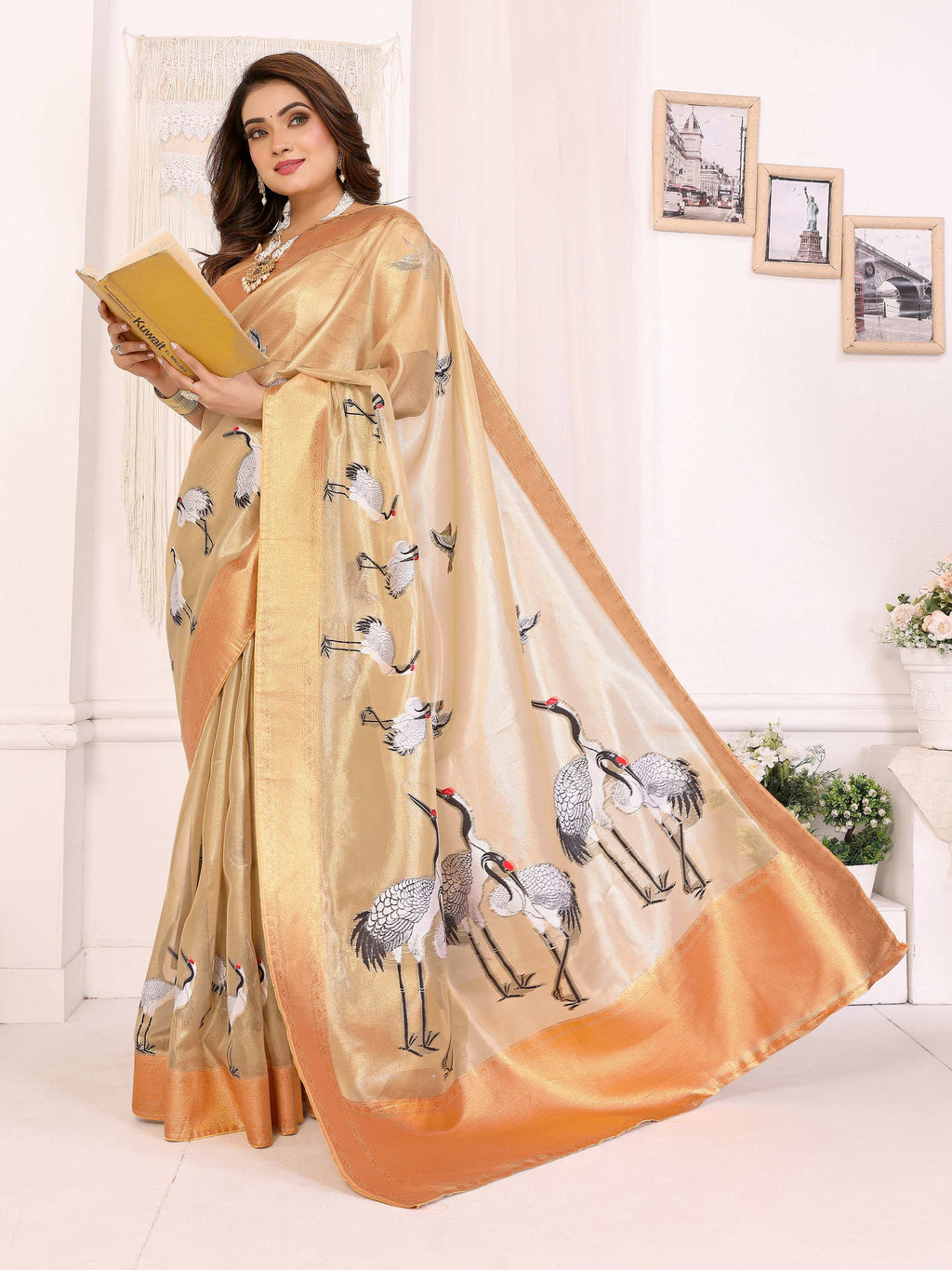 Sonakshi Women'S Chandan Premium Tissue Silk Copper-Gold Border Traditional Saree With Blouse | Grocsy