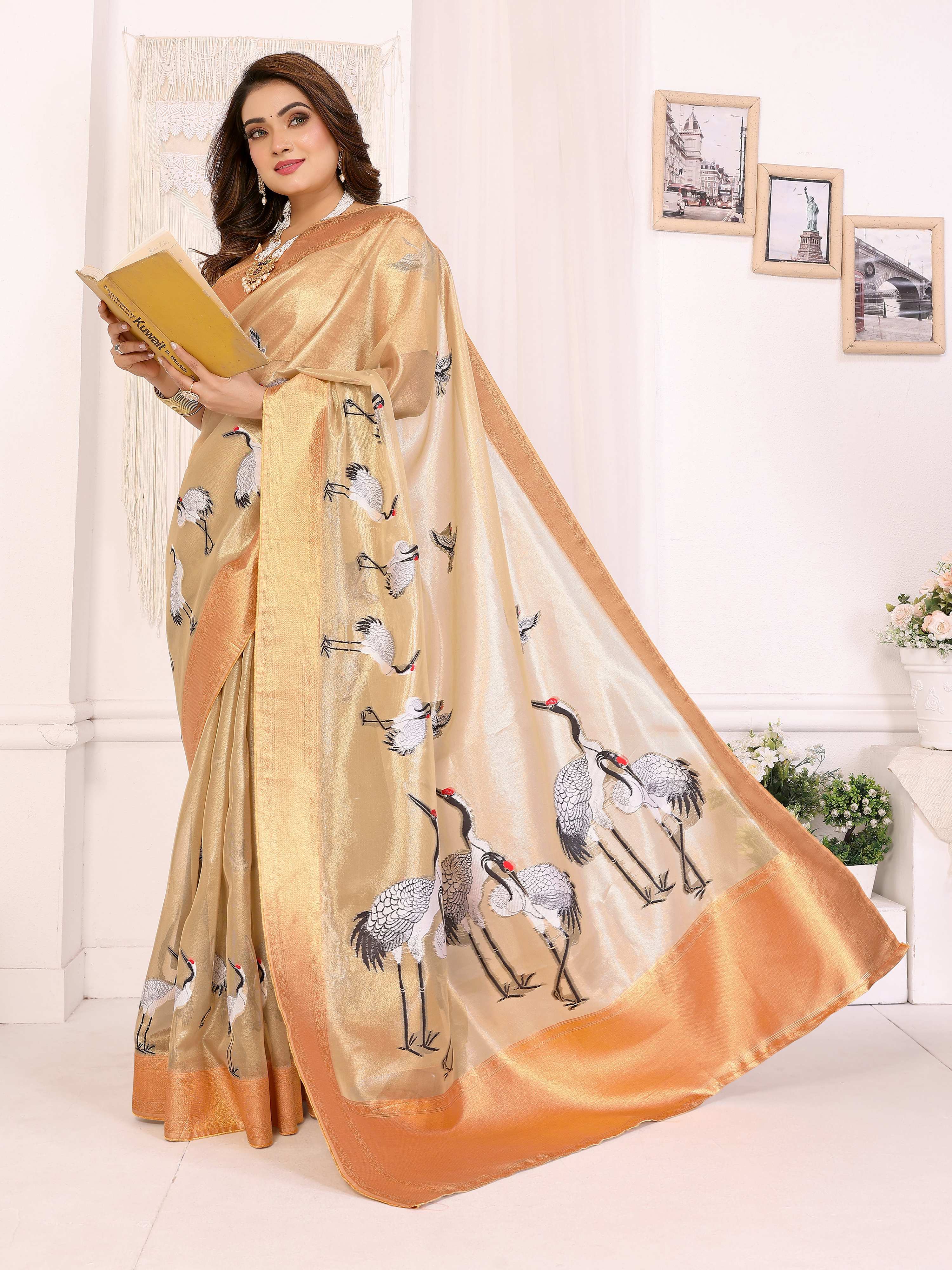 Sonakshi Women'S Chandan Premium Tissue Silk Copper-Gold Border Traditional Saree With Blouse | Grocsy