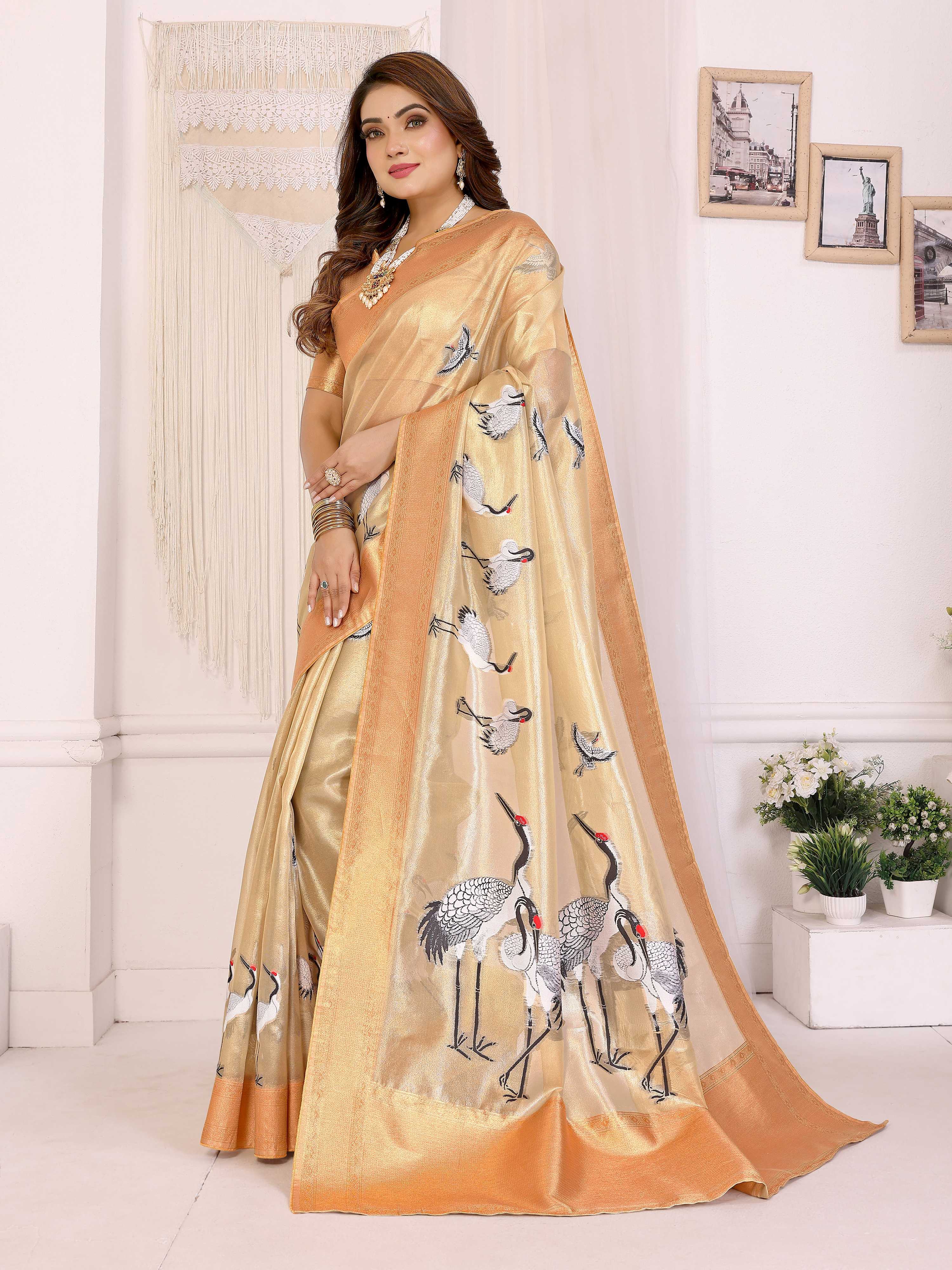 Sonakshi Women'S Chandan Premium Tissue Silk Copper-Gold Border Traditional Saree With Blouse | Grocsy