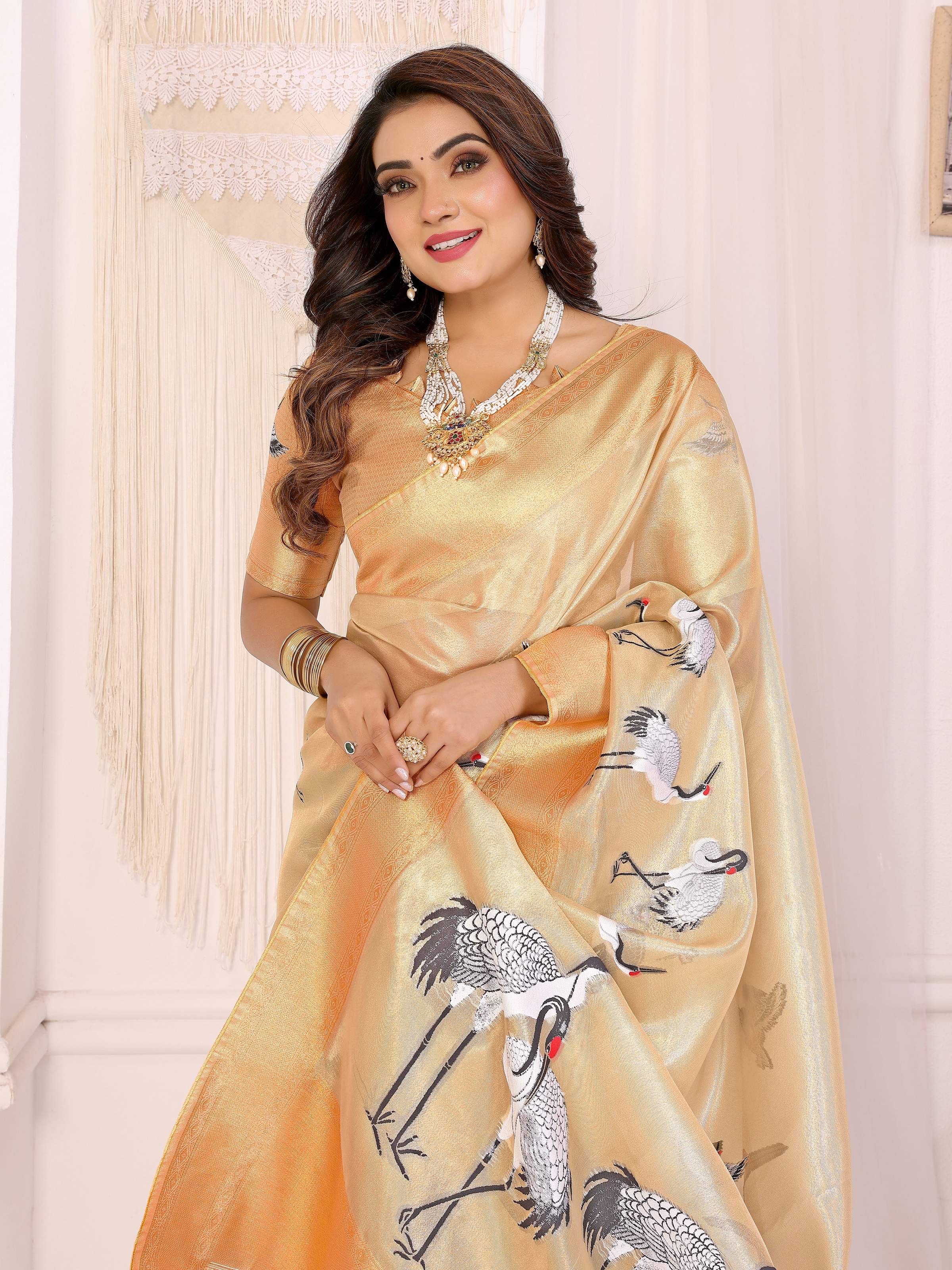 Sonakshi Women'S Chandan Premium Tissue Silk Copper-Gold Border Traditional Saree With Blouse | Grocsy