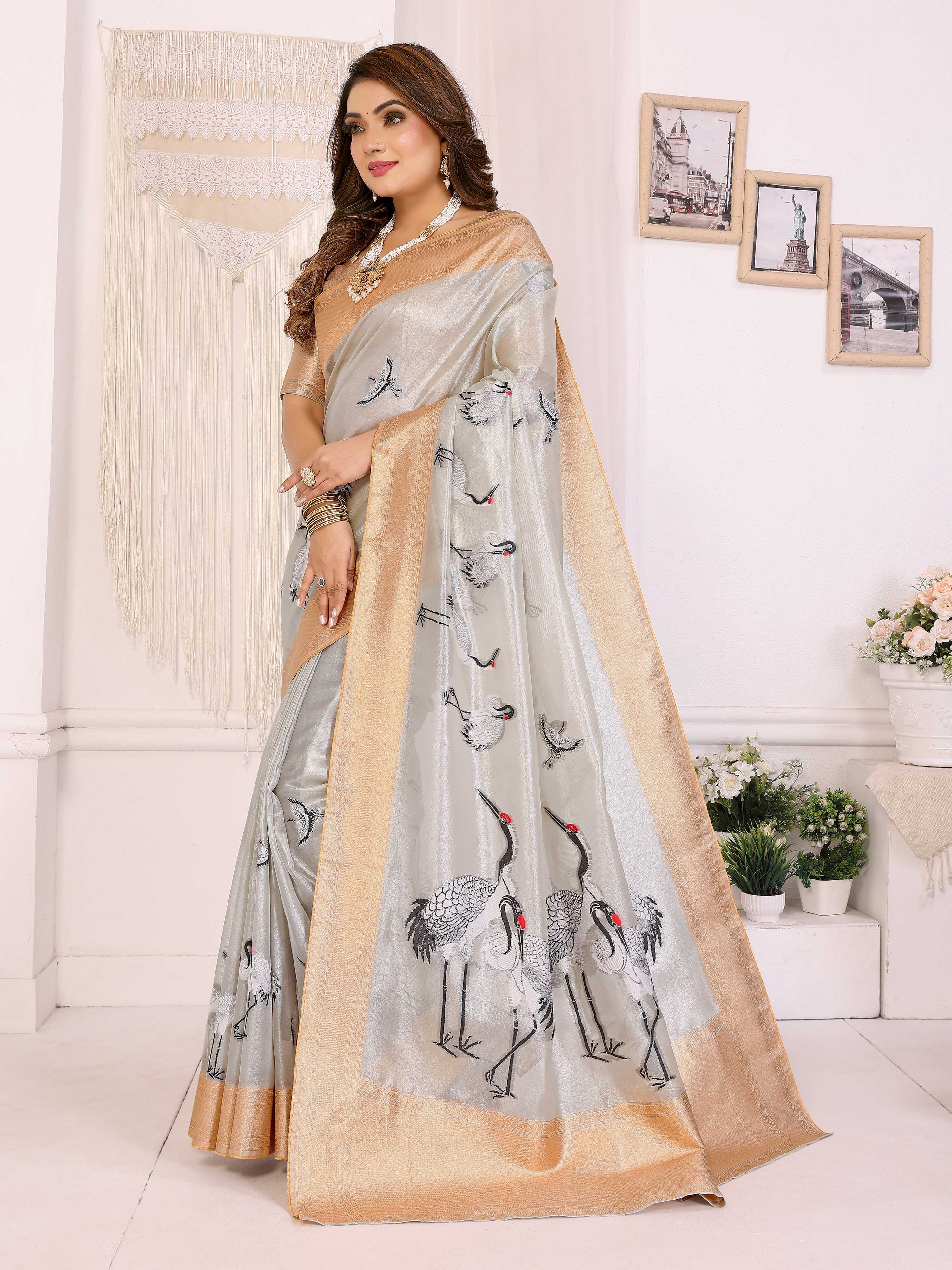Sonakshi Women'S Offwhite Premium Tissue Silk Copper-Gold Border Traditional Saree With Blouse | Grocsy