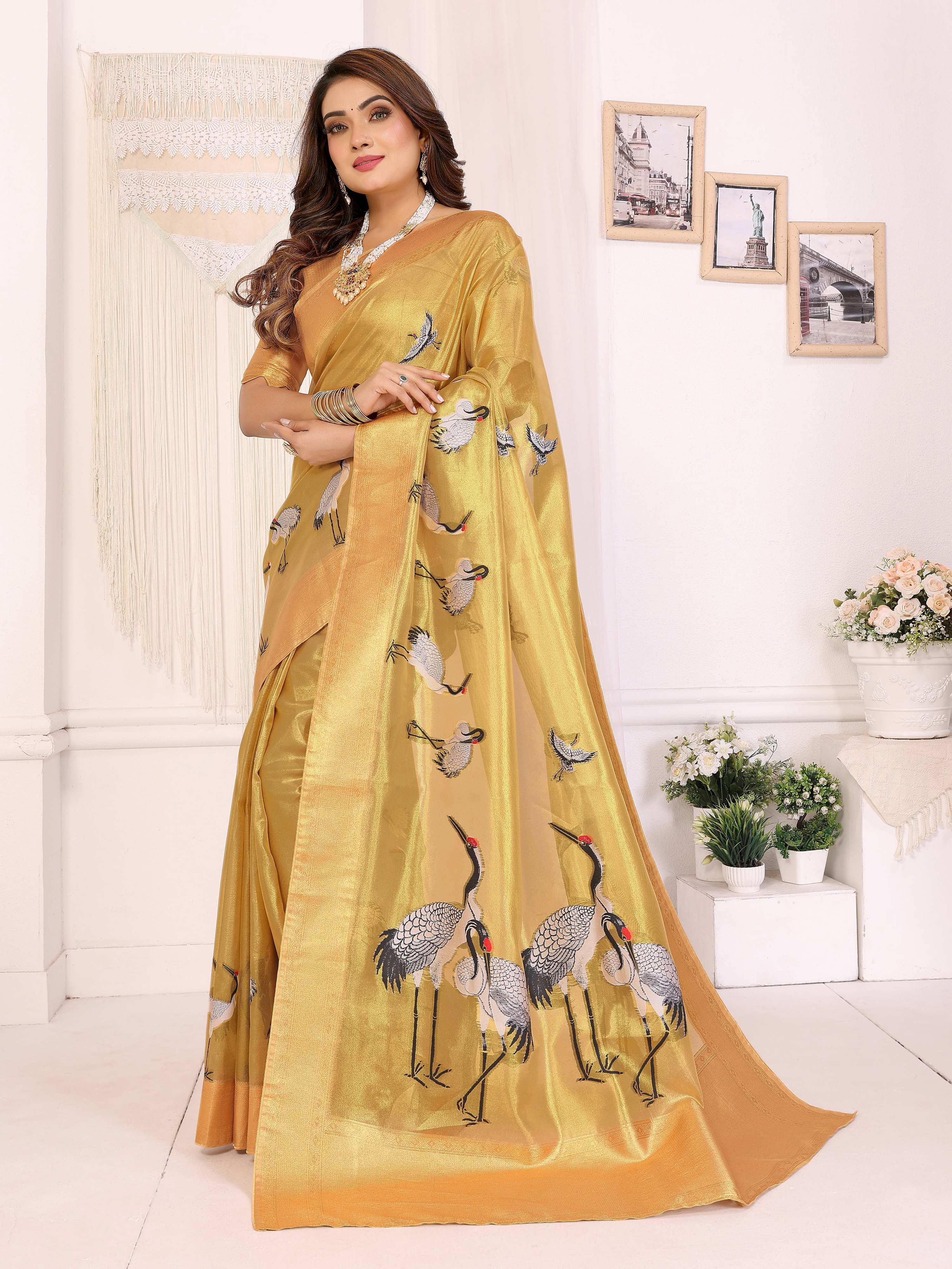 Sonakshi Women'S Gold Premium Tissue Silk Copper-Gold Border Traditional Saree With Blouse | Grocsy