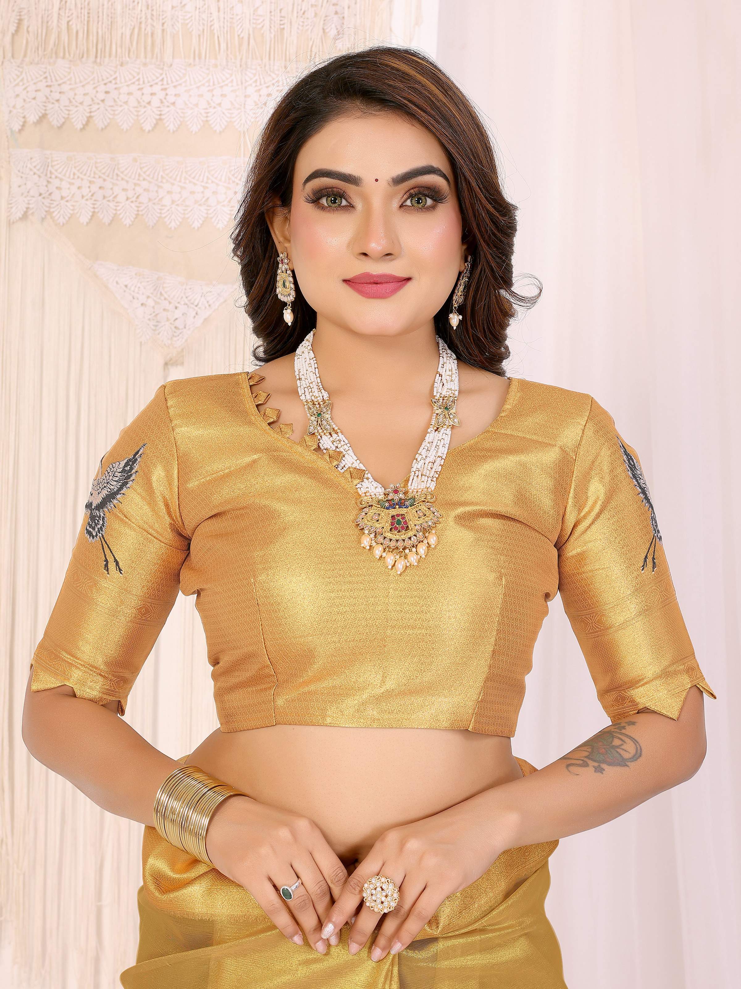 Sonakshi Women'S Gold Premium Tissue Silk Copper-Gold Border Traditional Saree With Blouse | Grocsy