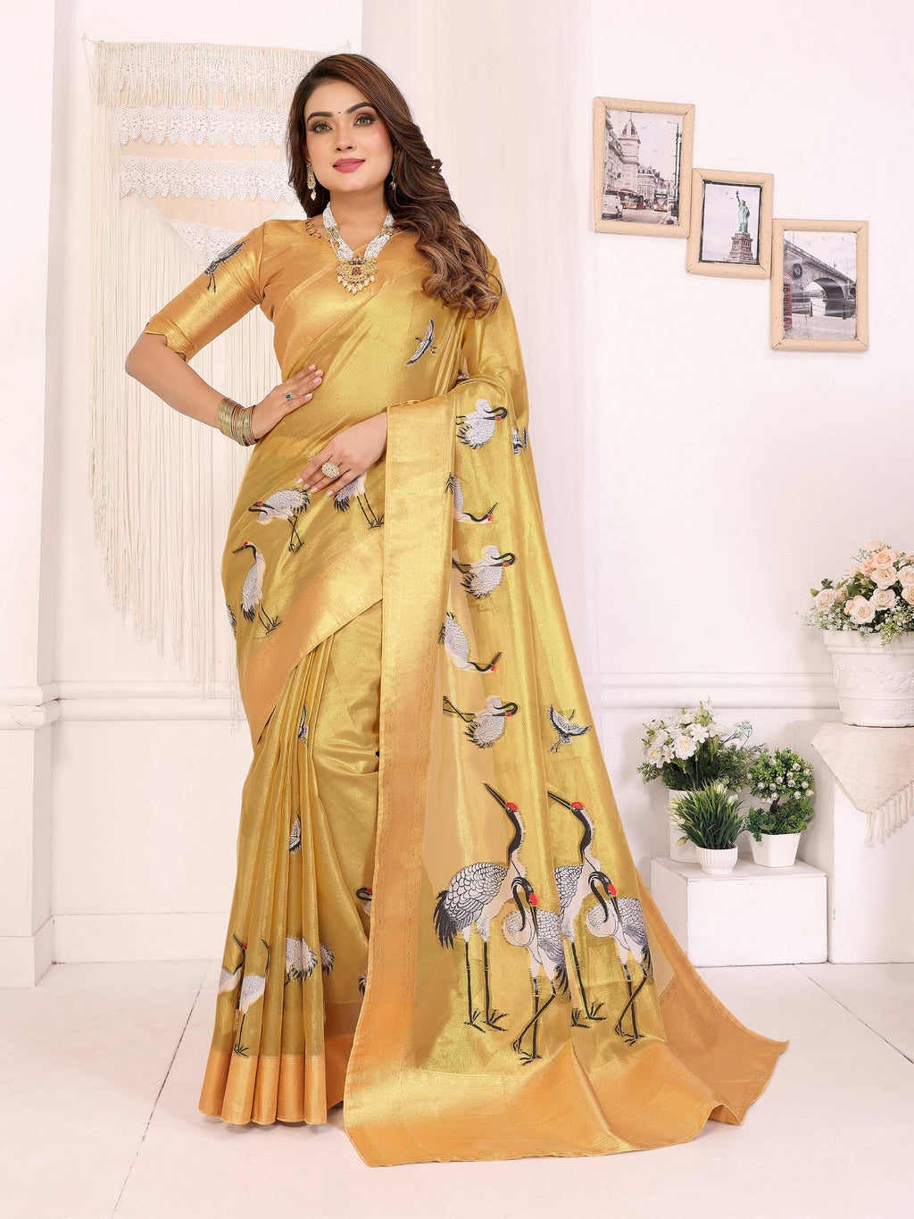 Sonakshi Women'S Gold Premium Tissue Silk Copper-Gold Border Traditional Saree With Blouse | Grocsy