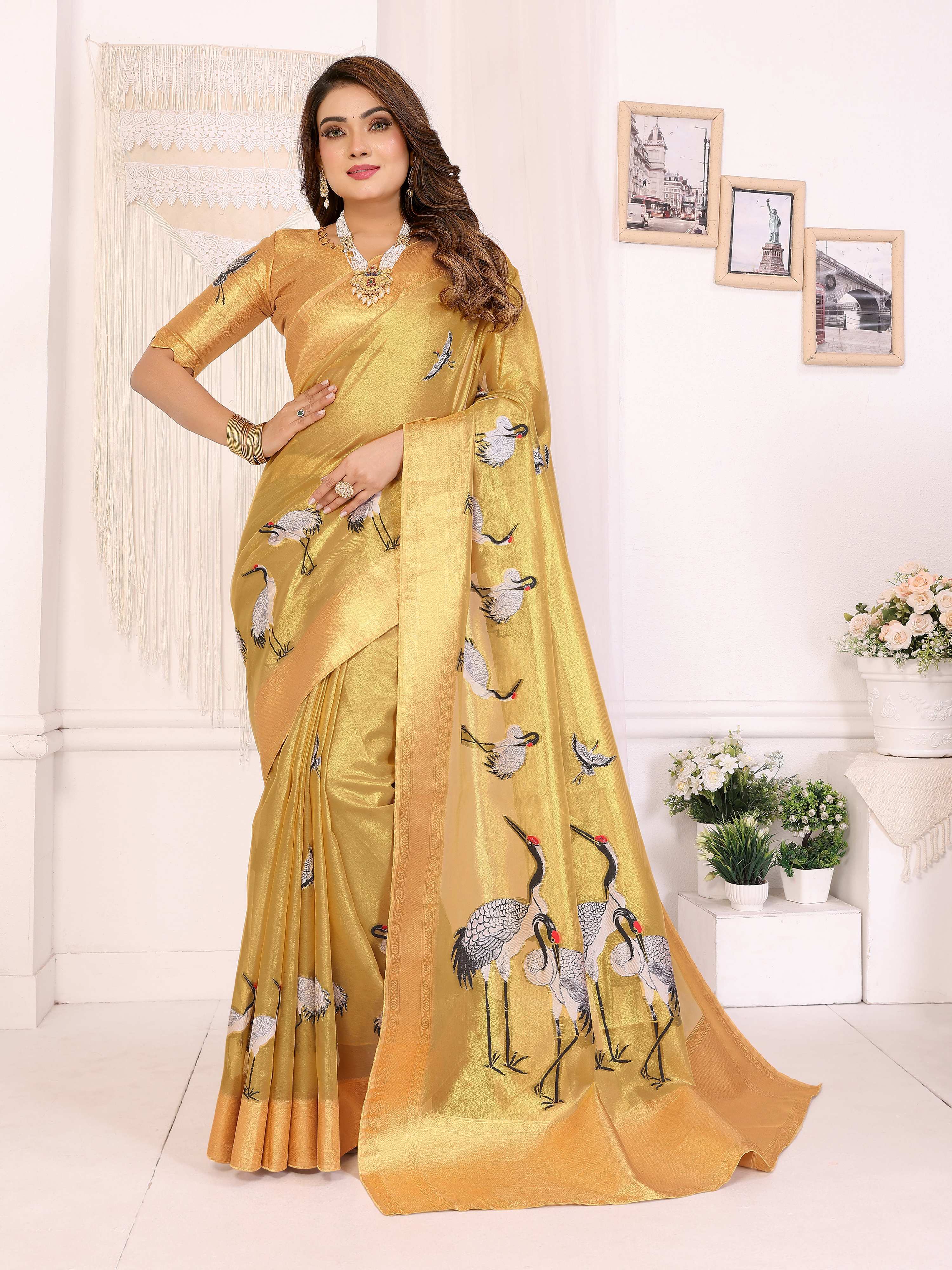 Sonakshi Women'S Gold Premium Tissue Silk Copper-Gold Border Traditional Saree With Blouse | Grocsy