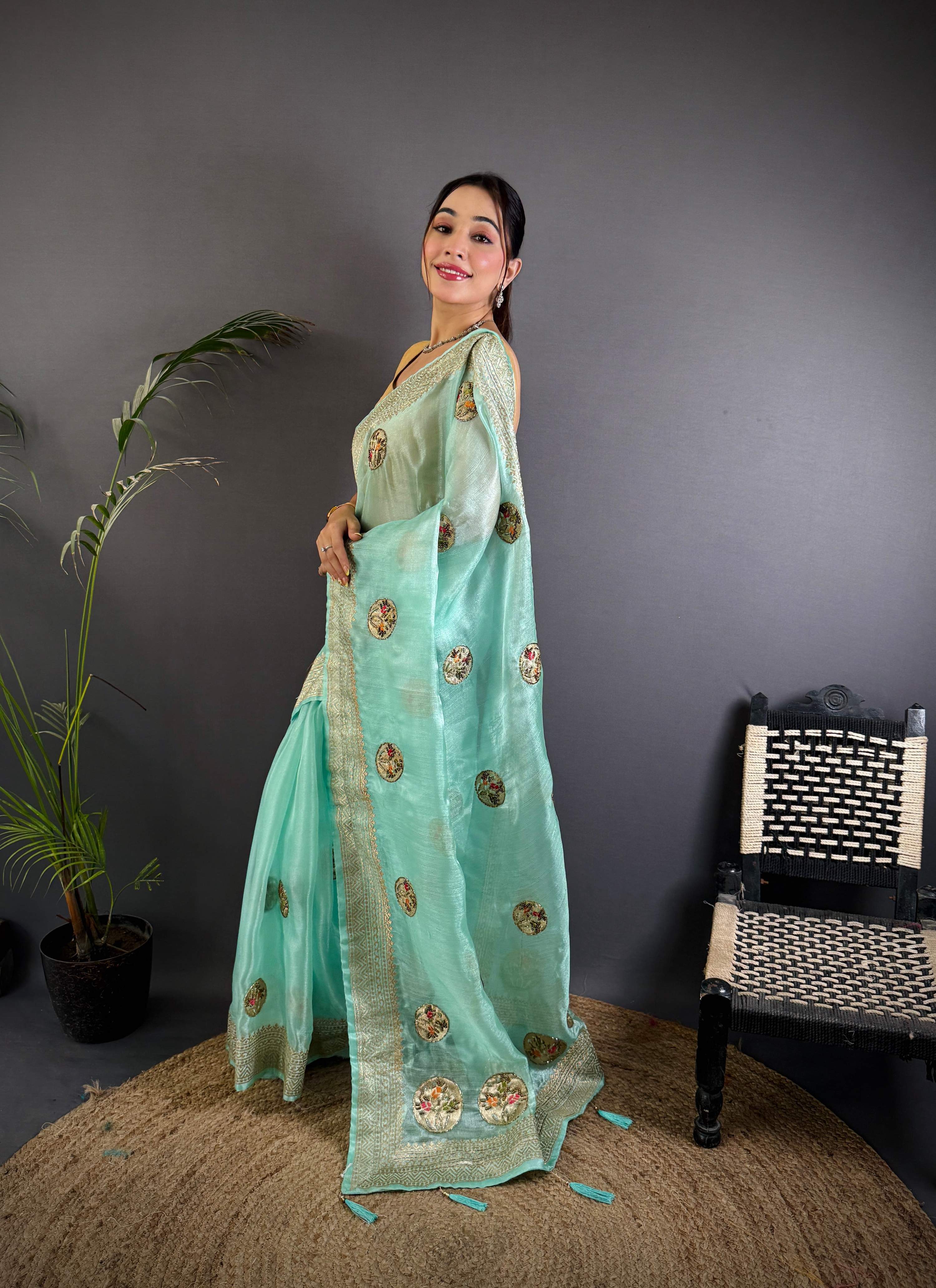 Sonakshi Women'S Sky Pure Organza Silk With Attractive Embroidery Work Traditional Saree With Blouse | Grocsy