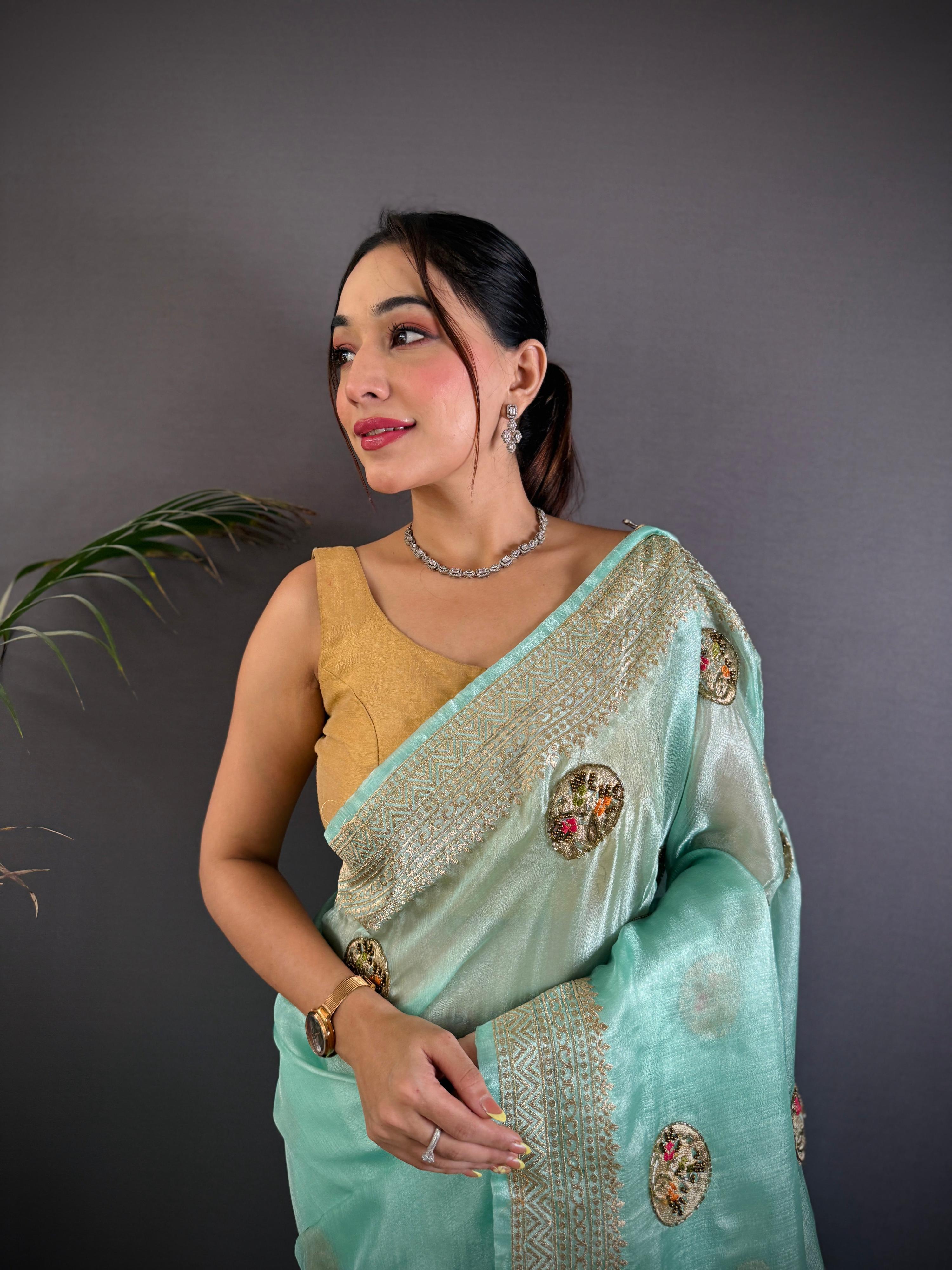 Sonakshi Women'S Sky Pure Organza Silk With Attractive Embroidery Work Traditional Saree With Blouse | Grocsy